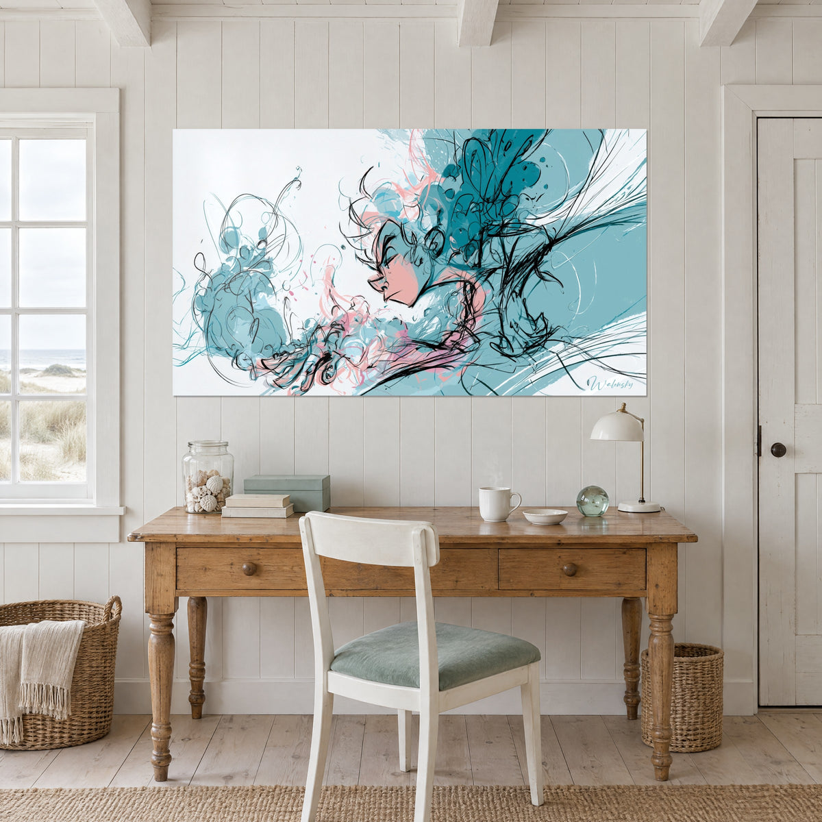 Tableau dessin au trait d'un visage, aplats turquoise et rose pâle, accroché au-dessus d'un bureau en bois clair