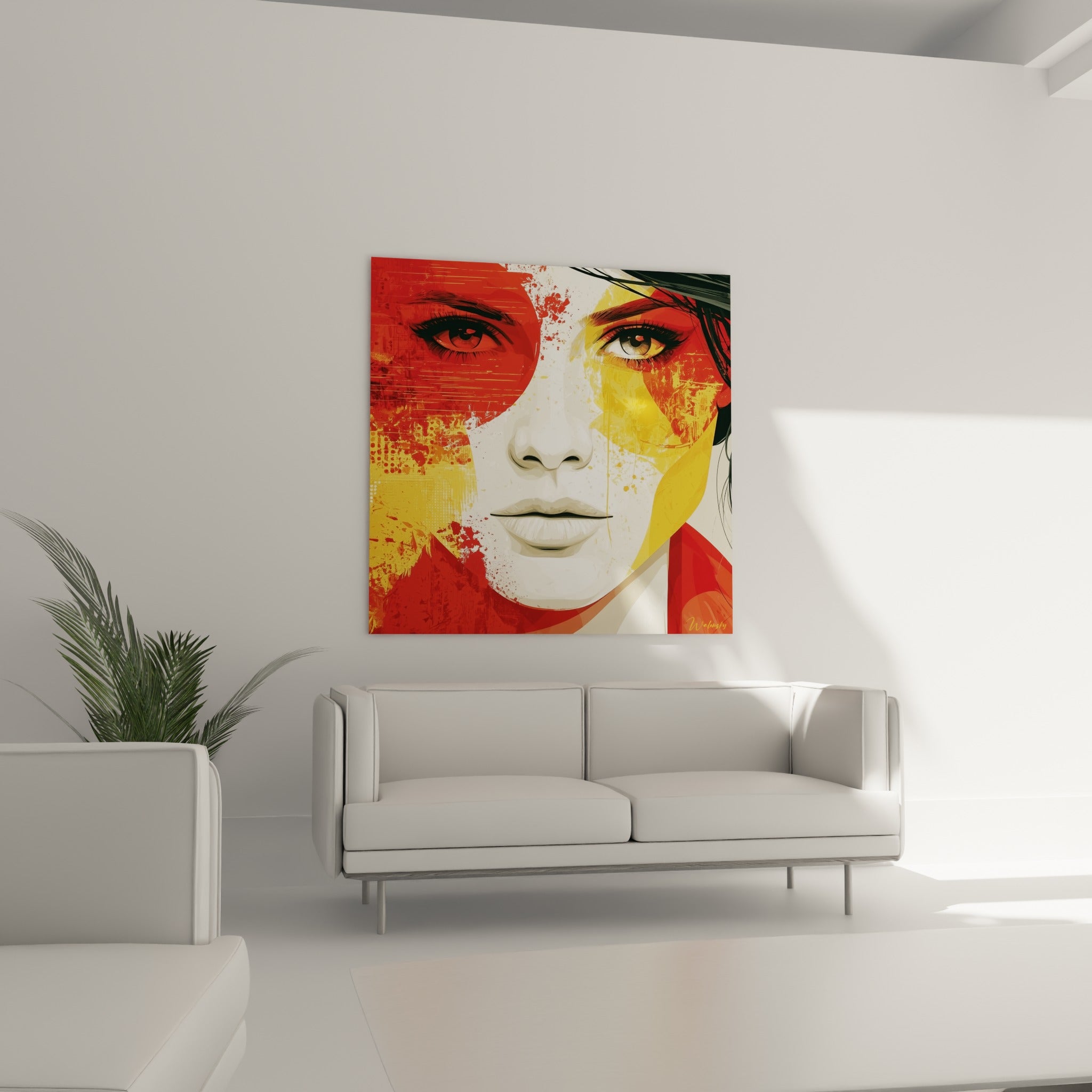 Regard perçant du visage abstrait ocre et fauve, disposé au-dessus d'un canapé dans un salon lumineux
