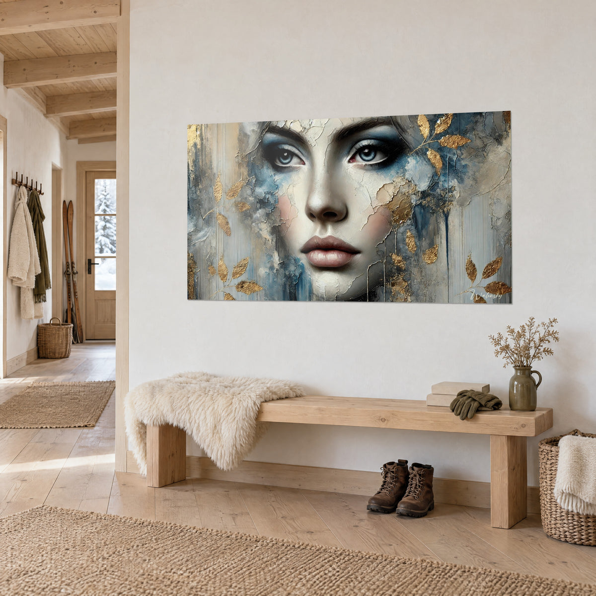 Tableau portrait féminin craquelé aux feuilles d'or, regard bleu glacier, au-dessus d'un banc en bois clair dans une entrée de chalet