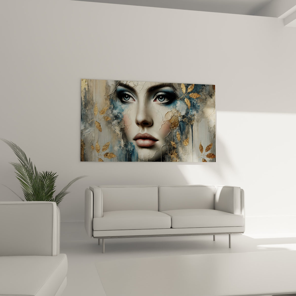 Portrait craquelé aux tons blancs et dorés, visage abstrait accroché au-dessus d'un canapé dans un salon lumineux