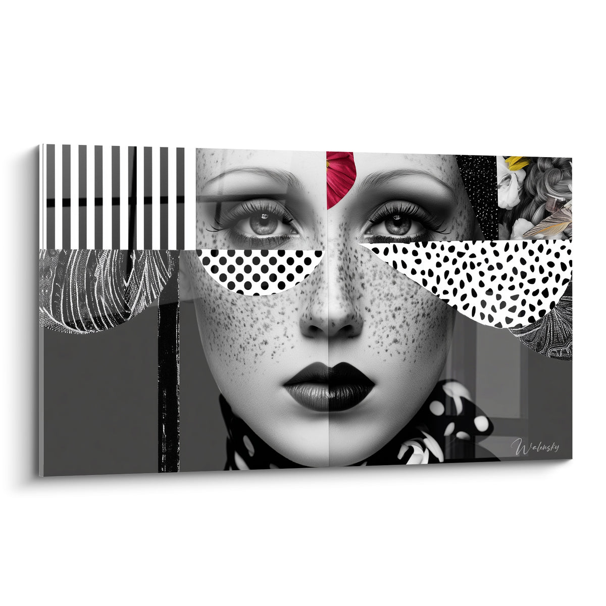 Visage abstrait noir et blanc à fleur rouge, pois et rayures anthracite en collage graphique