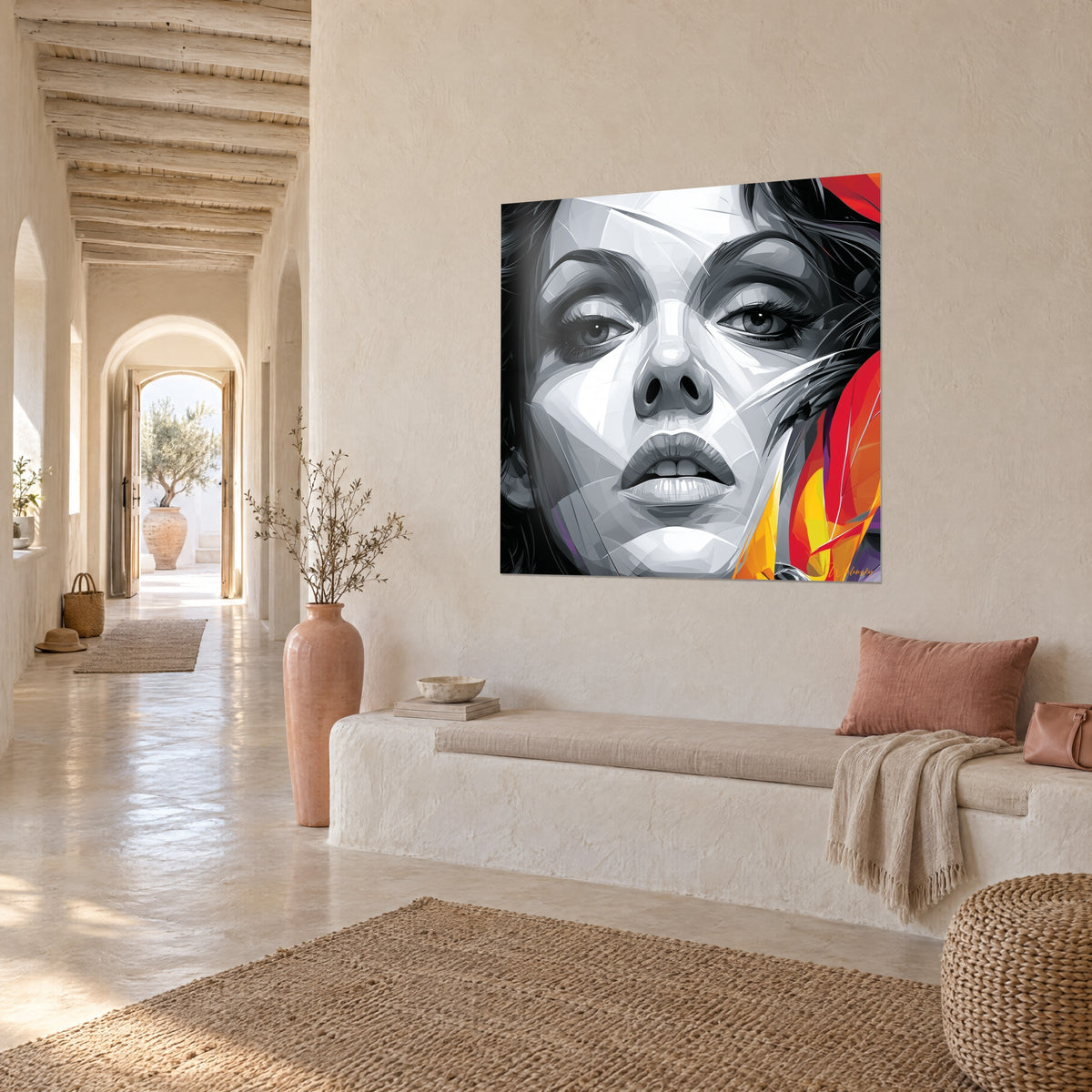 Wall art woman's face with parted lips, grey facets and scarlet feather, three-quarter view, vaulted hallway and light bench