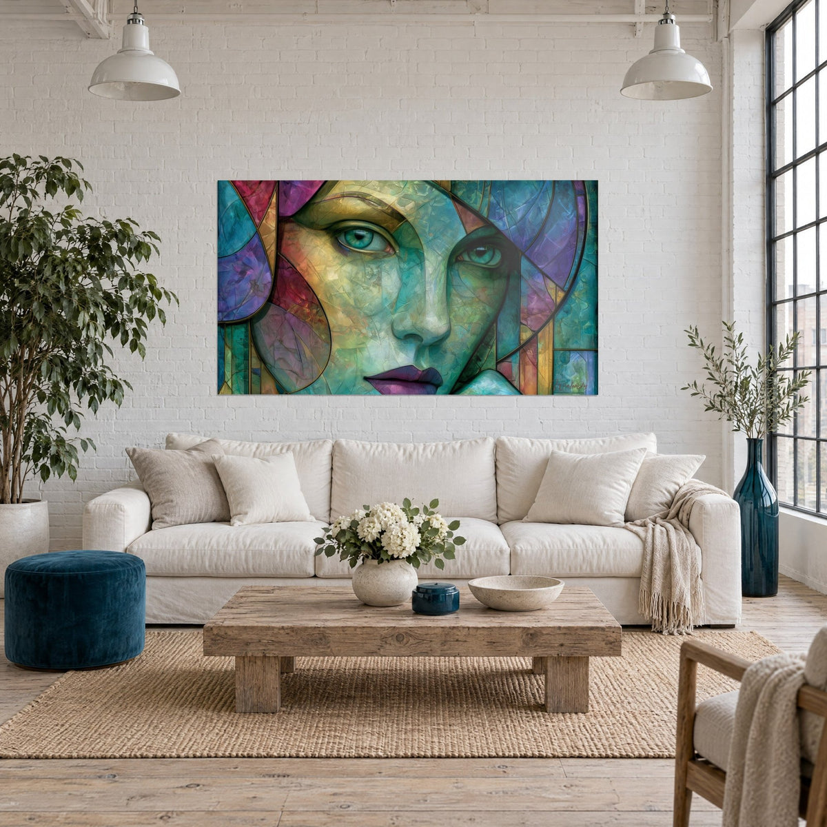 Quadro volto di donna in vetrata con occhi turchesi e labbra viola, muro di mattoni bianchi, sopra un divano in un soggiorno luminoso