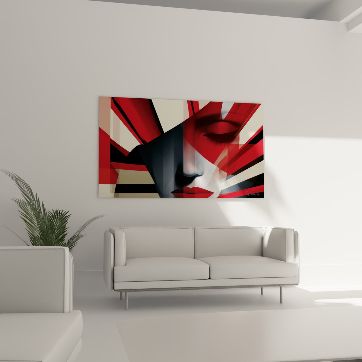 Lignes rouges et beige traversant un visage abstrait, accroché au-dessus d'un canapé dans un salon lumineux