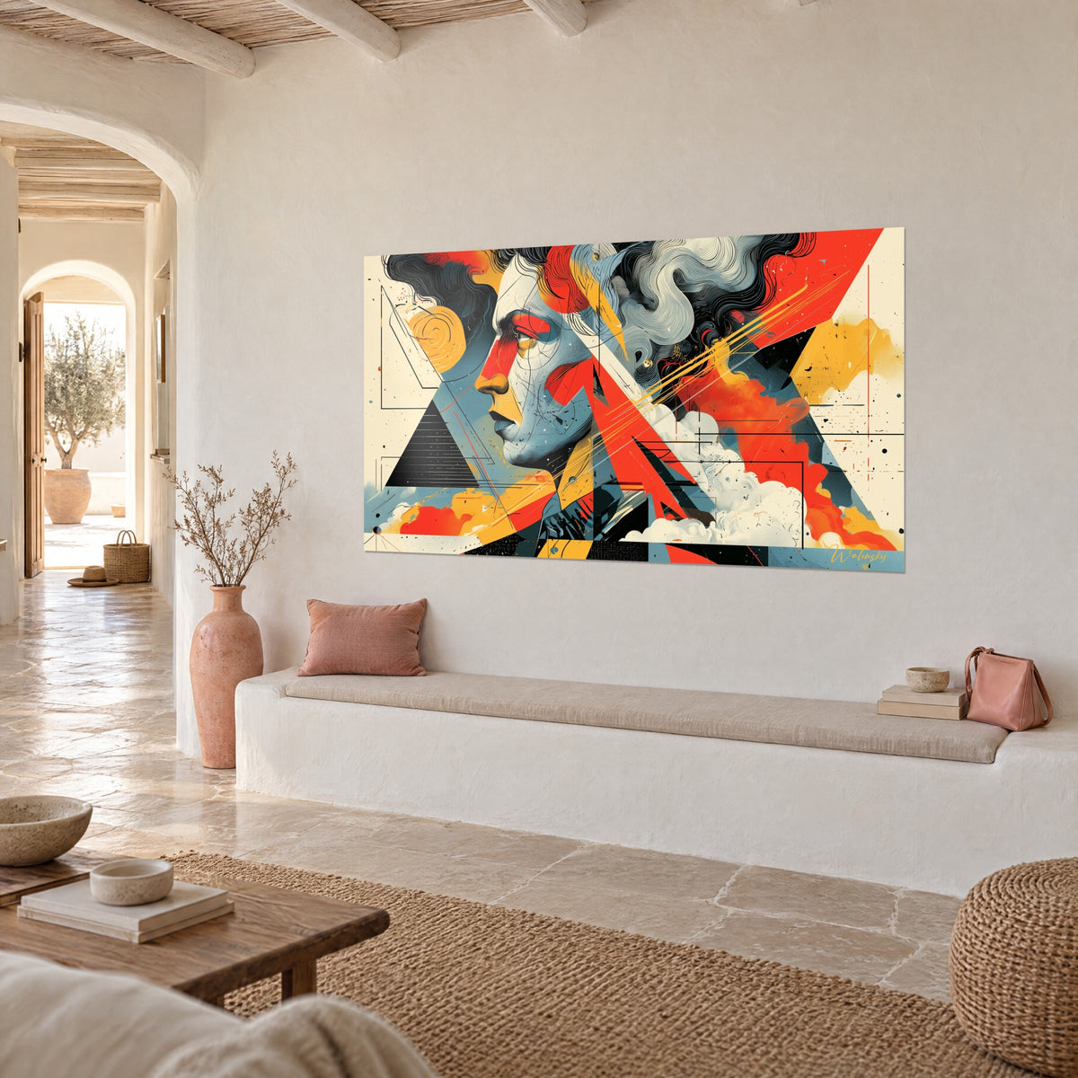 Gemälde kubistisches Porträt eines Gesichts im Profil, Zinnoberrot und Safrangelb, an einer weißen Wand in einem mediterranen Haus