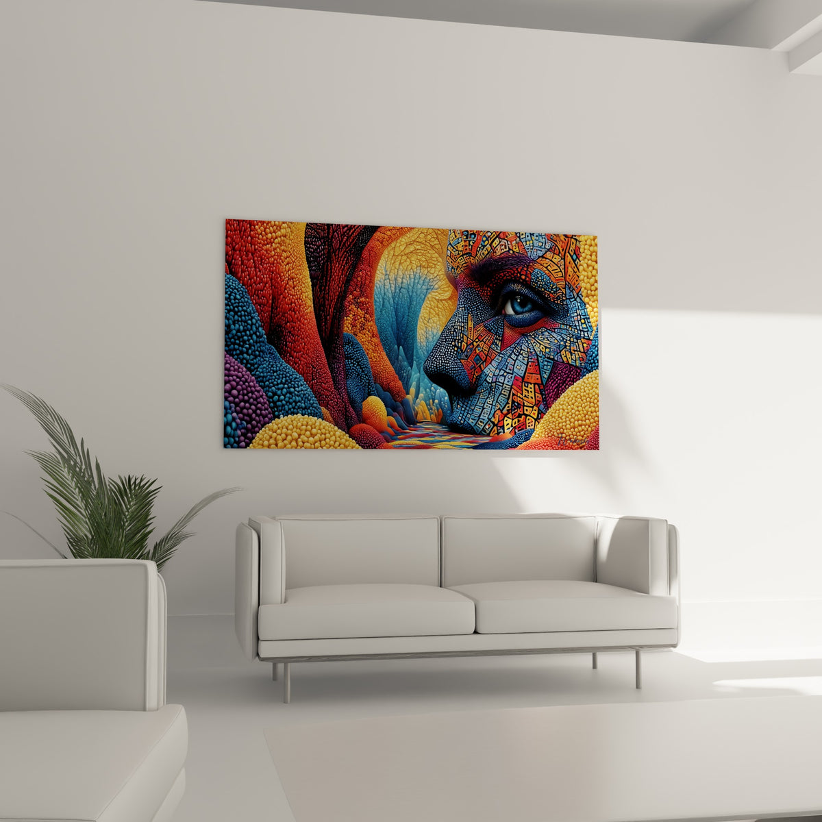 Motifs géométriques violet et terracotta du visage abstrait, suspendus au-dessus d'un canapé dans un salon lumineux
