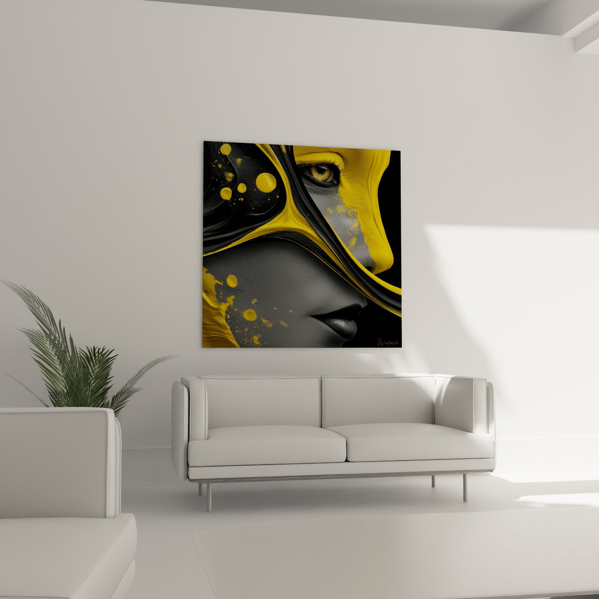 Portrait fragmenté jaune vif et gris anthracite, au-dessus d'un canapé dans un salon lumineux