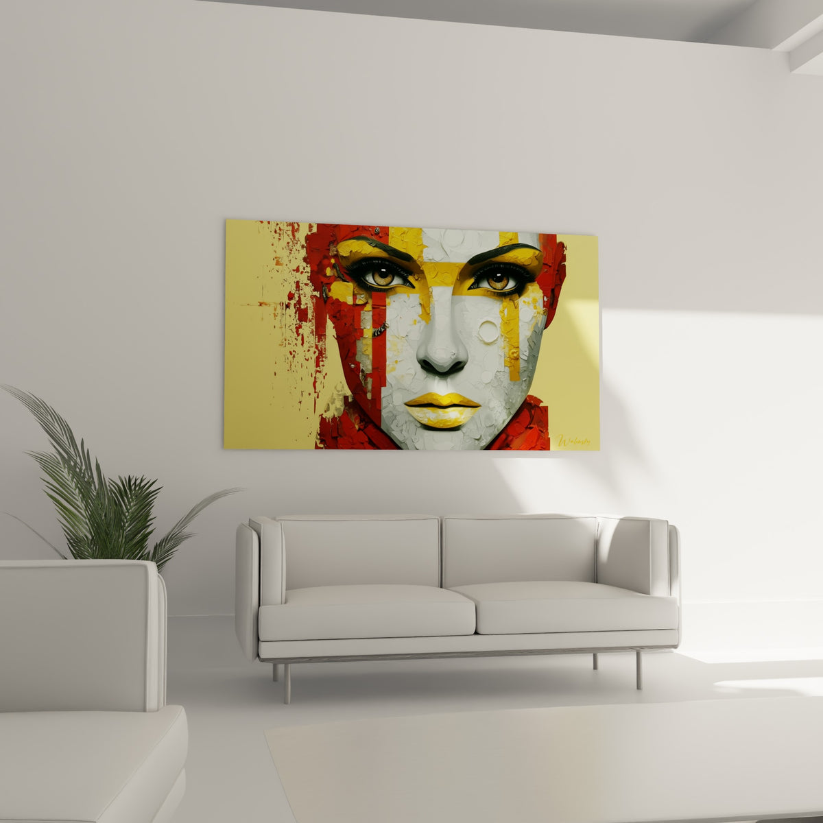 Yeux dorés et lèvres jaune moutarde d'un visage abstrait, au-dessus d'un canapé dans un salon lumineux