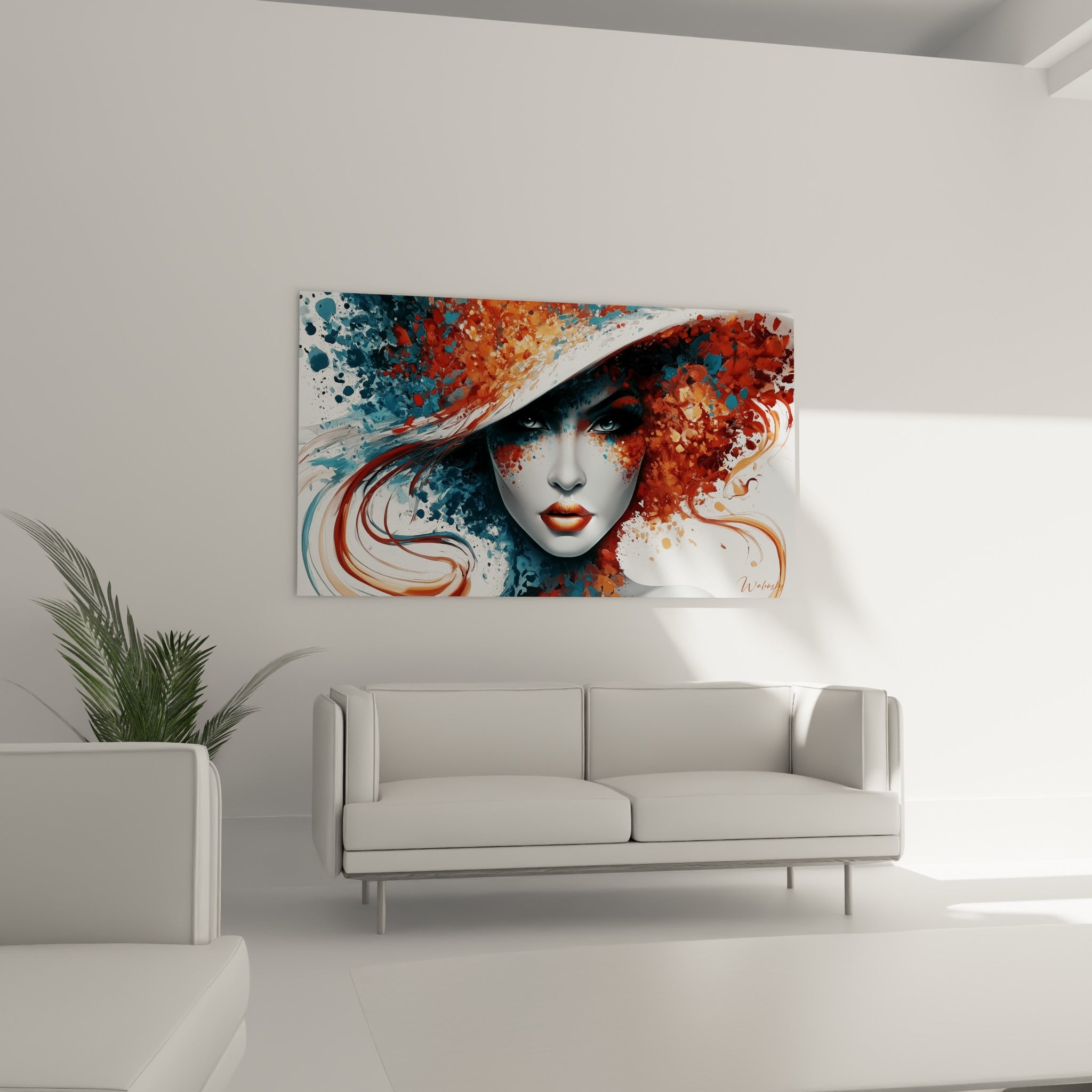 Visage abstrait au regard bleu clair et lèvres terracotta, suspendu au-dessus d'un canapé dans un salon lumineux