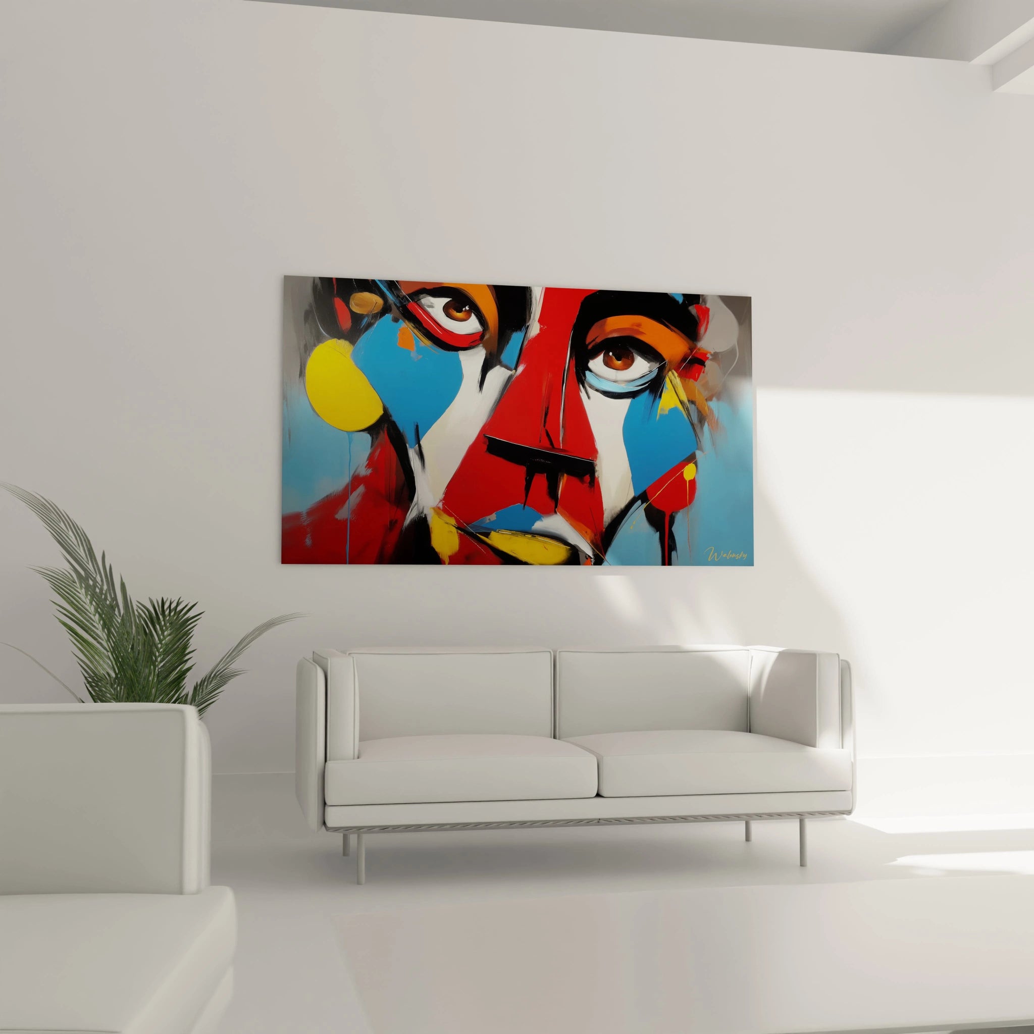 Tableau mural visage abstrait de Walensky avec des couleurs vives et des détails expressifs