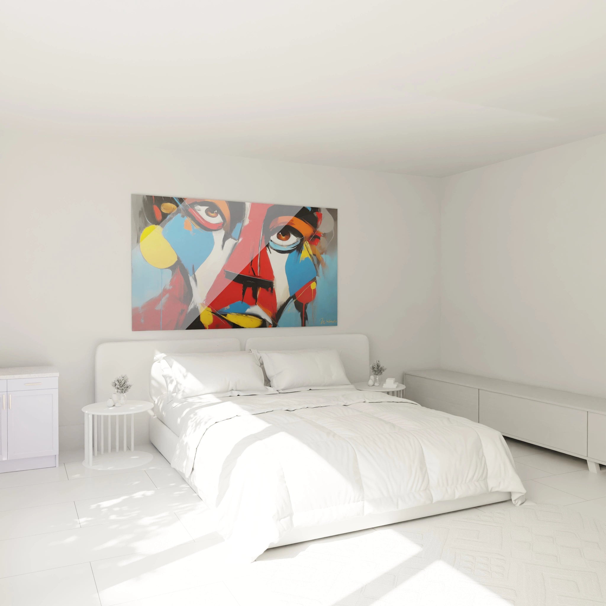 Tableau mural visage abstrait de Walensky avec des couleurs vives dans une chambre moderne