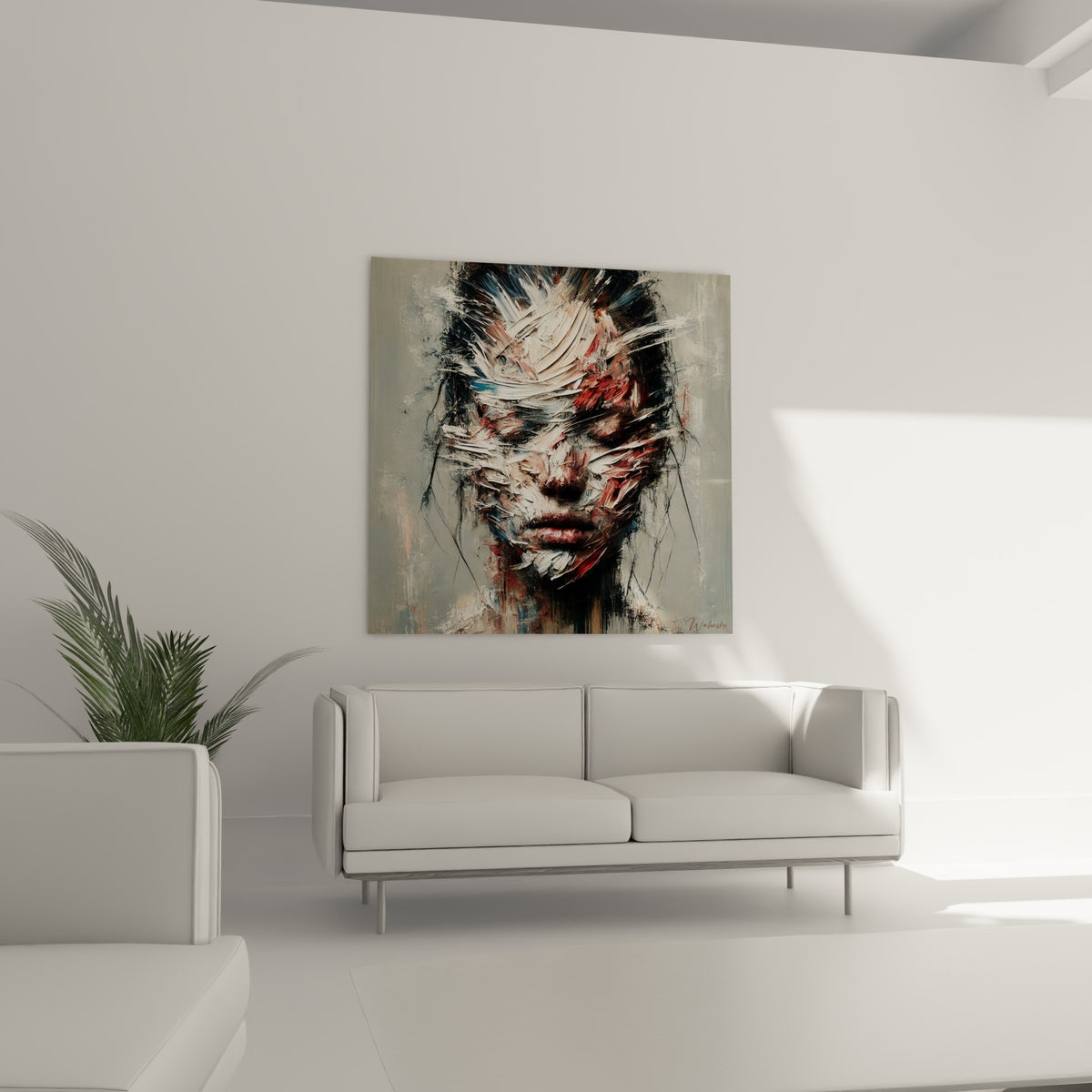 Traits dissimulés sous la matière rouge et blanche du visage abstrait au-dessus d'un canapé dans un salon lumineux