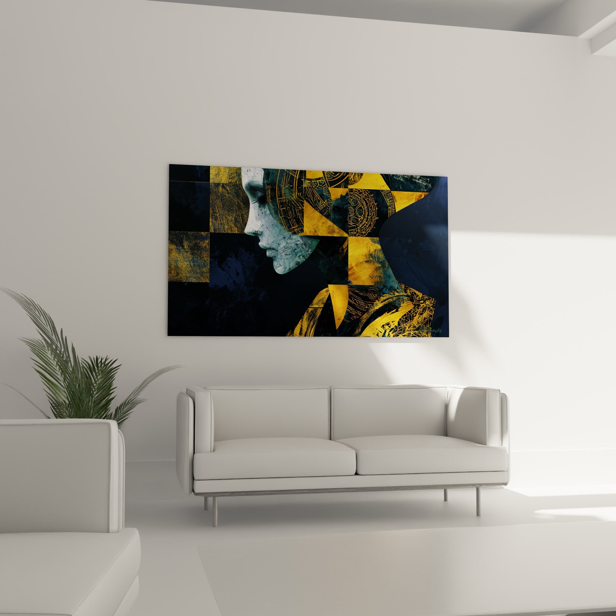 Profil géométrique du visage abstrait doré et anthracite au-dessus d'un canapé dans un salon lumineux