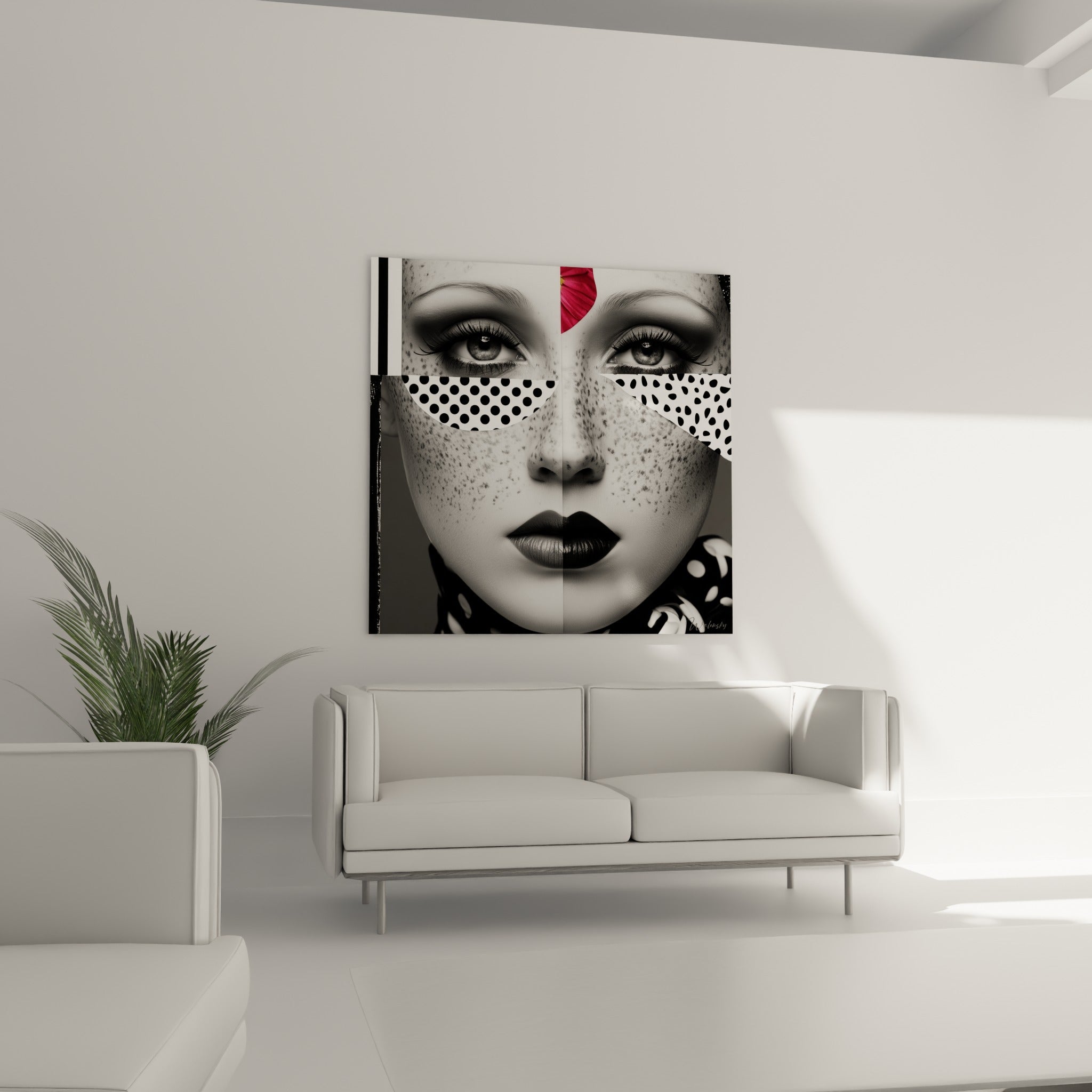Visage abstrait aux motifs pois et lèvres noires, pétale rouge, au-dessus d'un canapé dans un salon lumineux