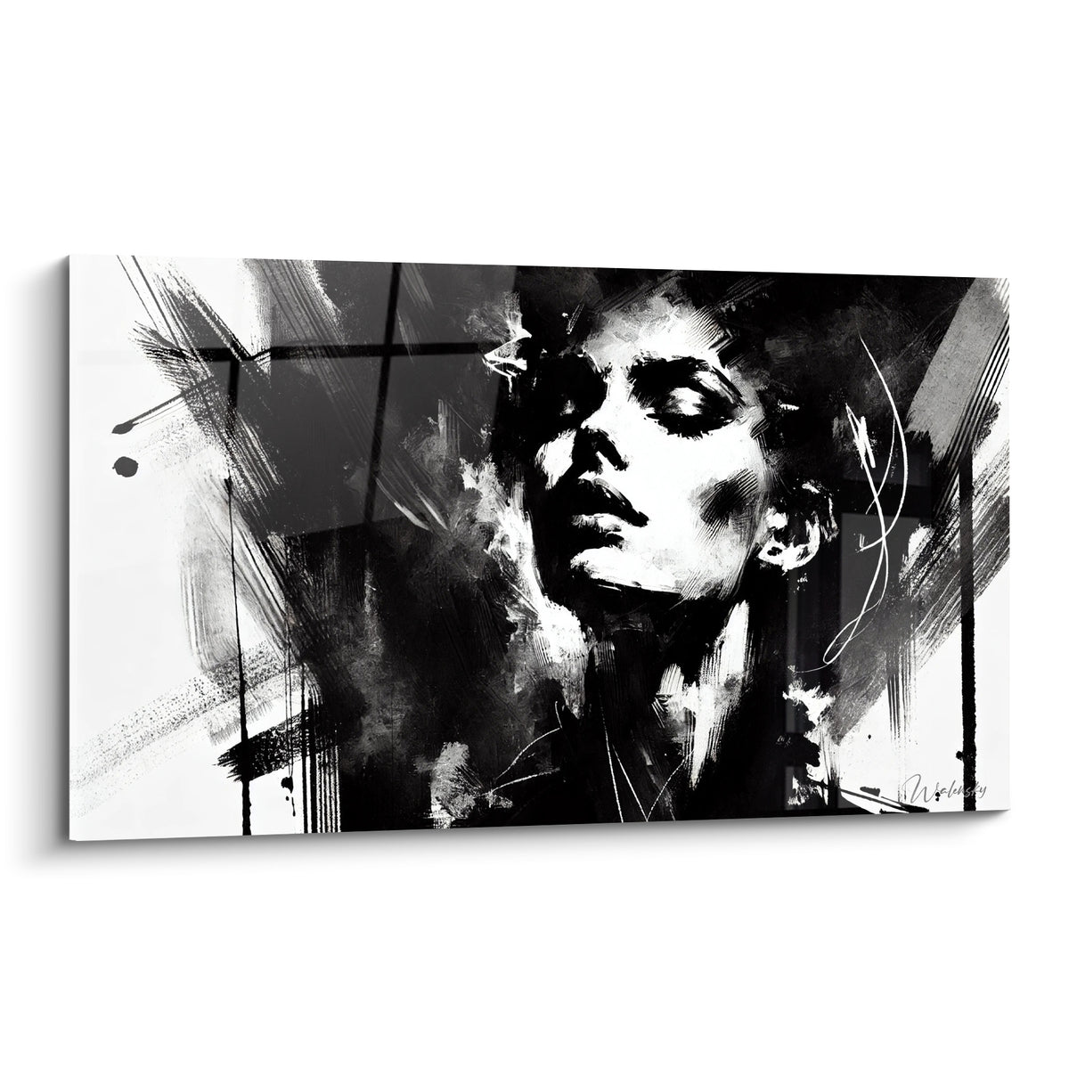 Visage abstrait noir et blanc aux yeux clos, traits esquissés à larges coups de pinceau expressifs