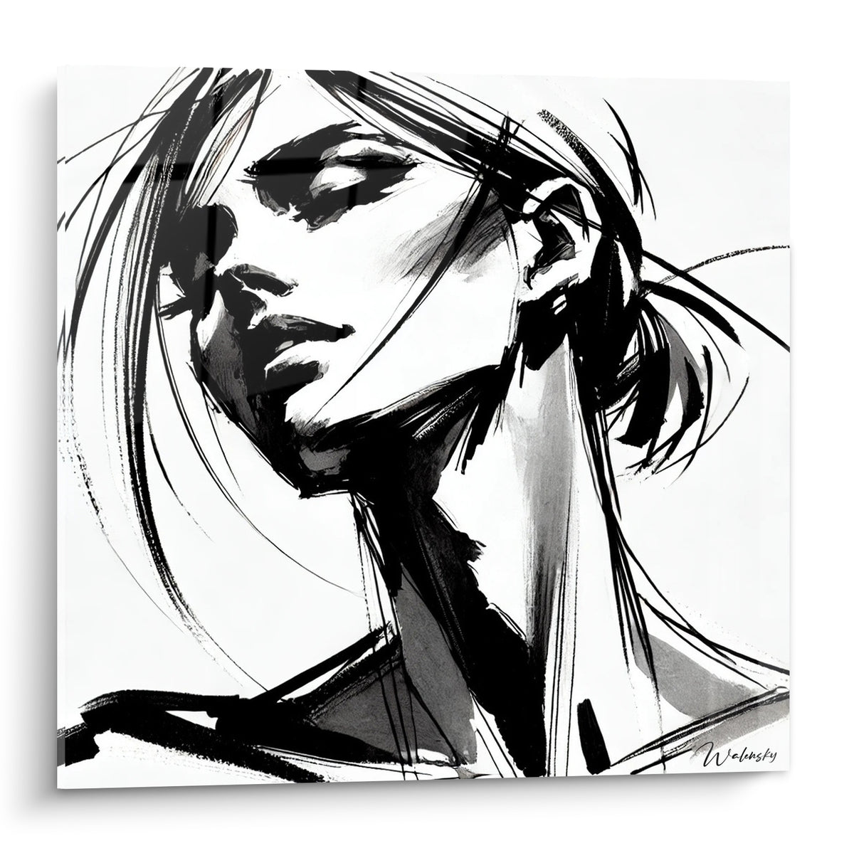 Visage abstrait féminin renversé, trait noir et blanc, chevelure en mouvement fluide