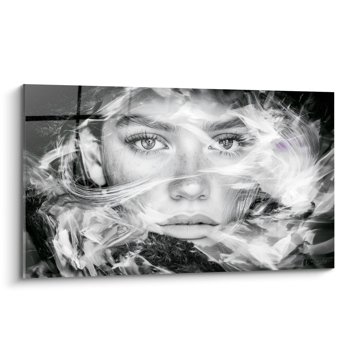 Visage abstrait noir et blanc au regard perçant, entouré de mèches blanches et grises translucides