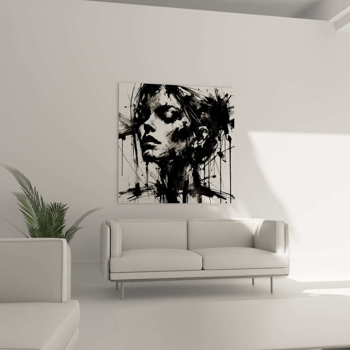 Silhouette de visage graphique en noir profond et blanc éclatant, disposée au-dessus d'un canapé dans un salon lumineux