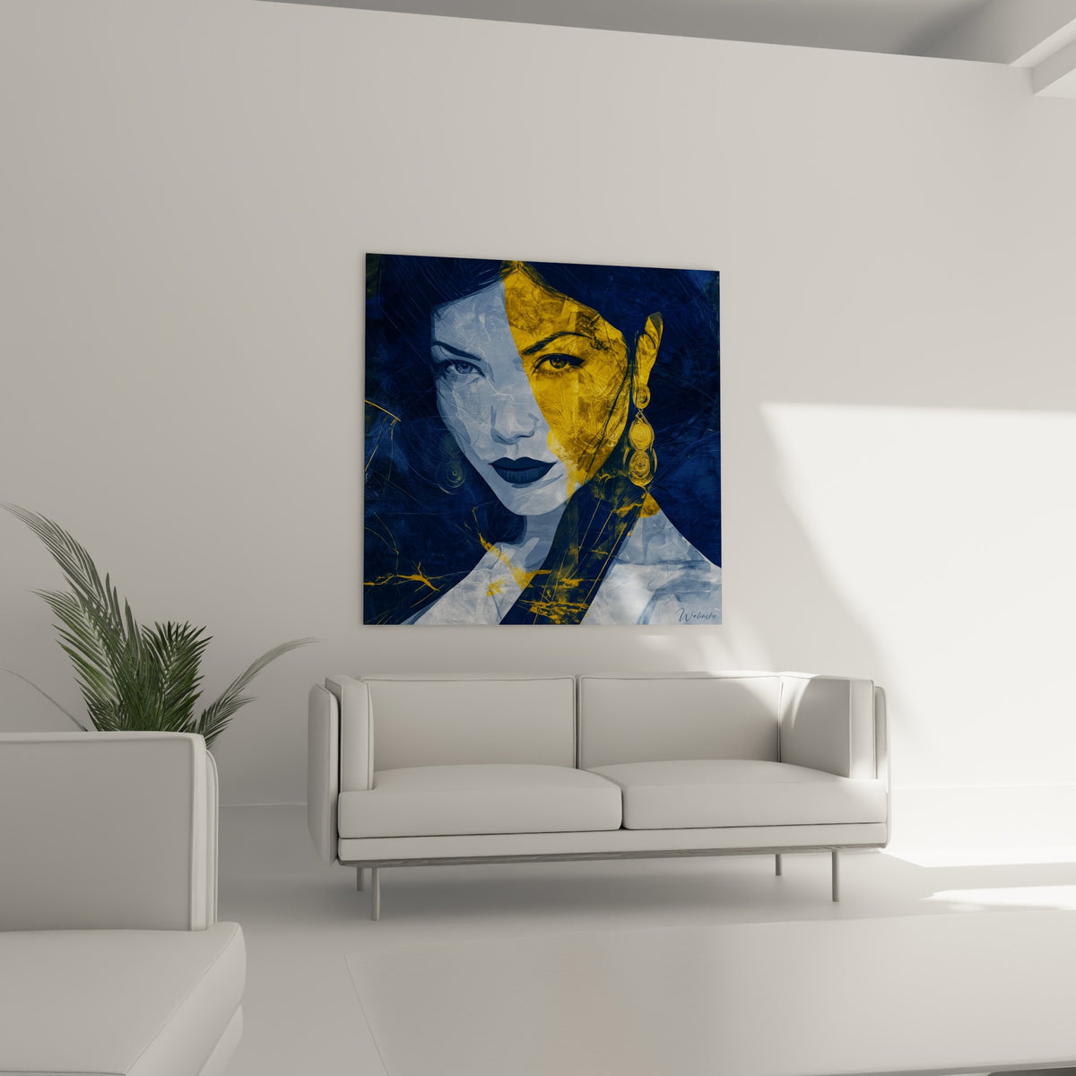 Portrait fissuré aux teintes bleu marine et or, expression captivante, au-dessus d'un canapé dans un salon lumineux