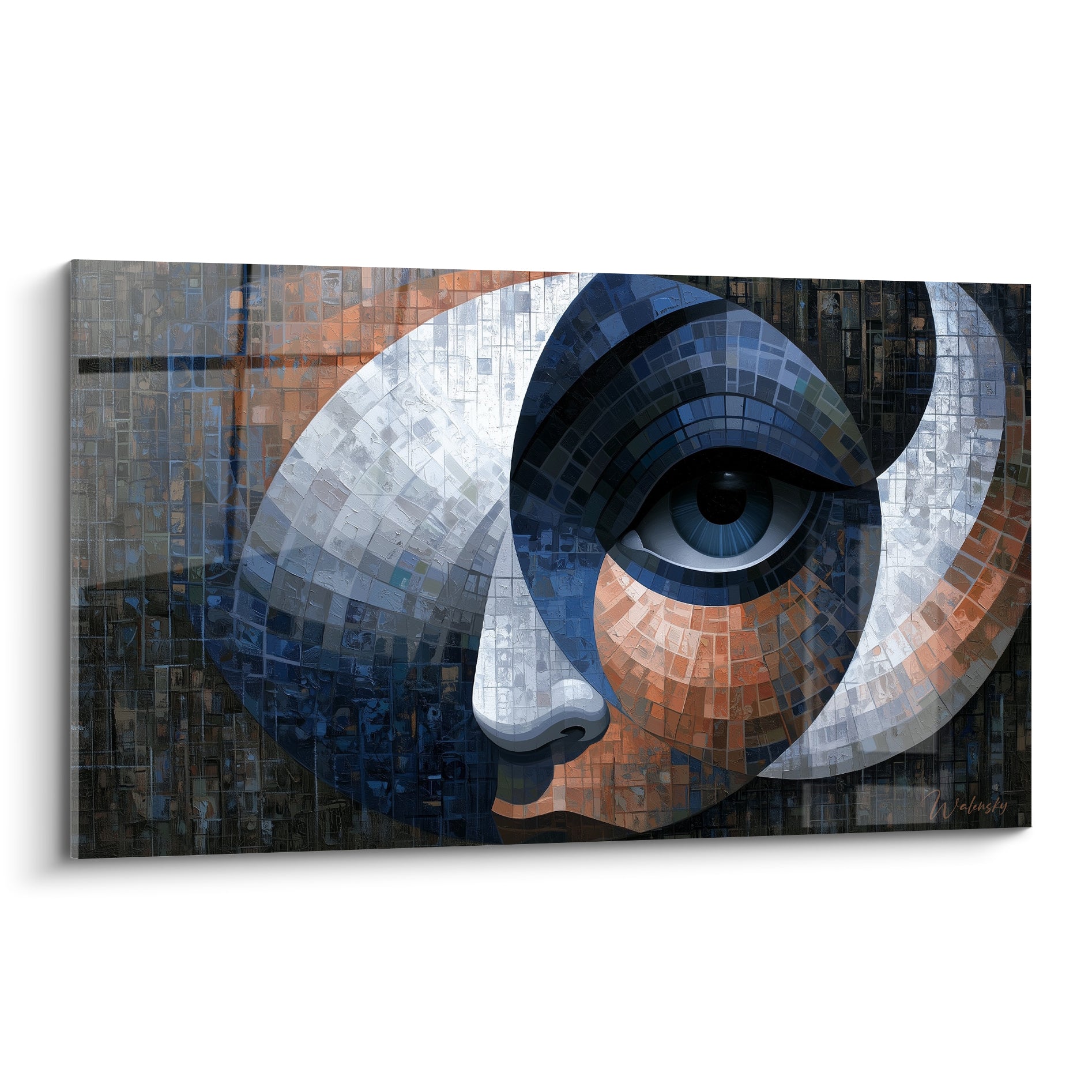 Visage abstrait à l'œil bleu marine, mosaïque terracotta et blanche, composition fragmentée intense