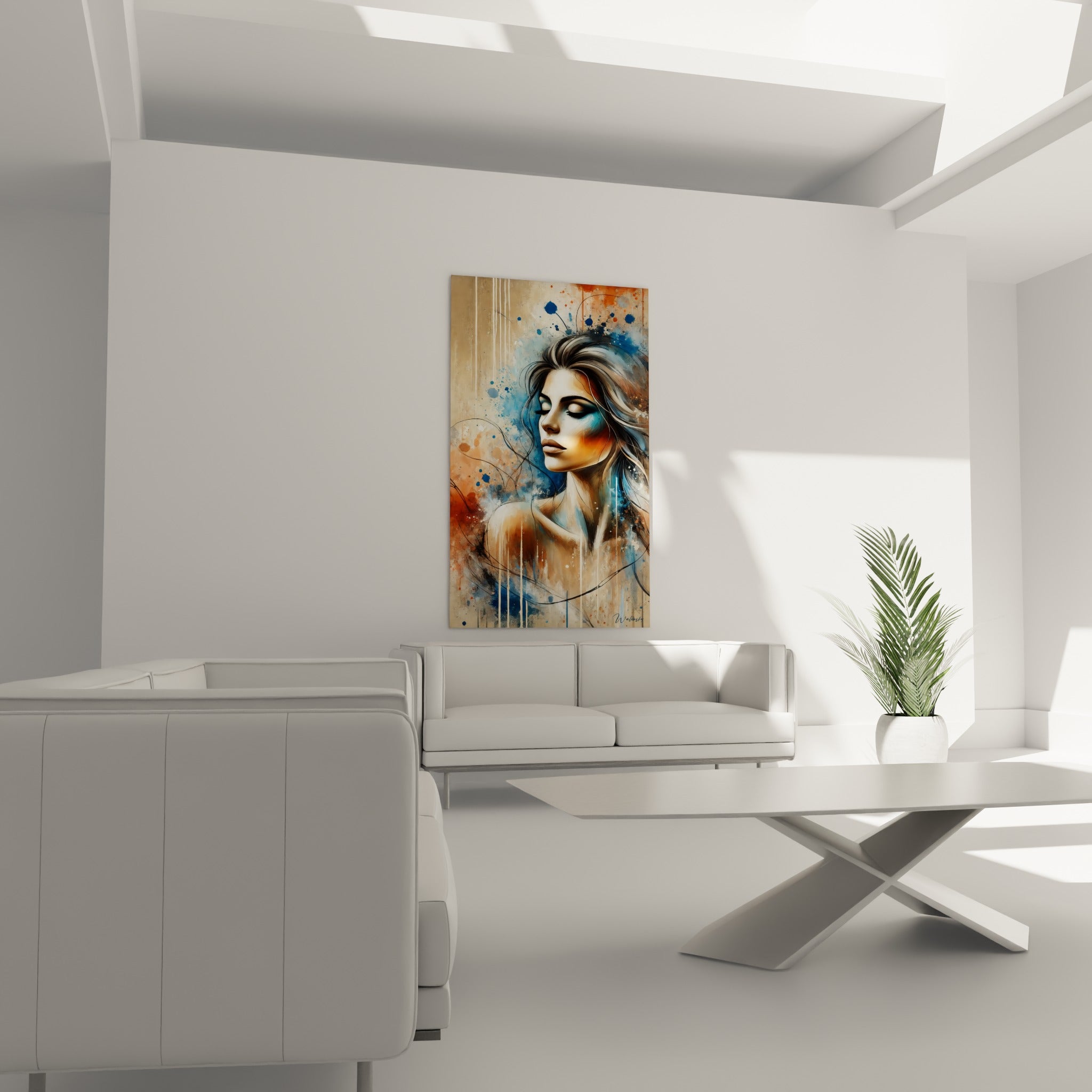 Portrait aux couleurs bleu marine et orange brûlé, tableau visage abstrait au-dessus d'un canapé dans un salon lumineux