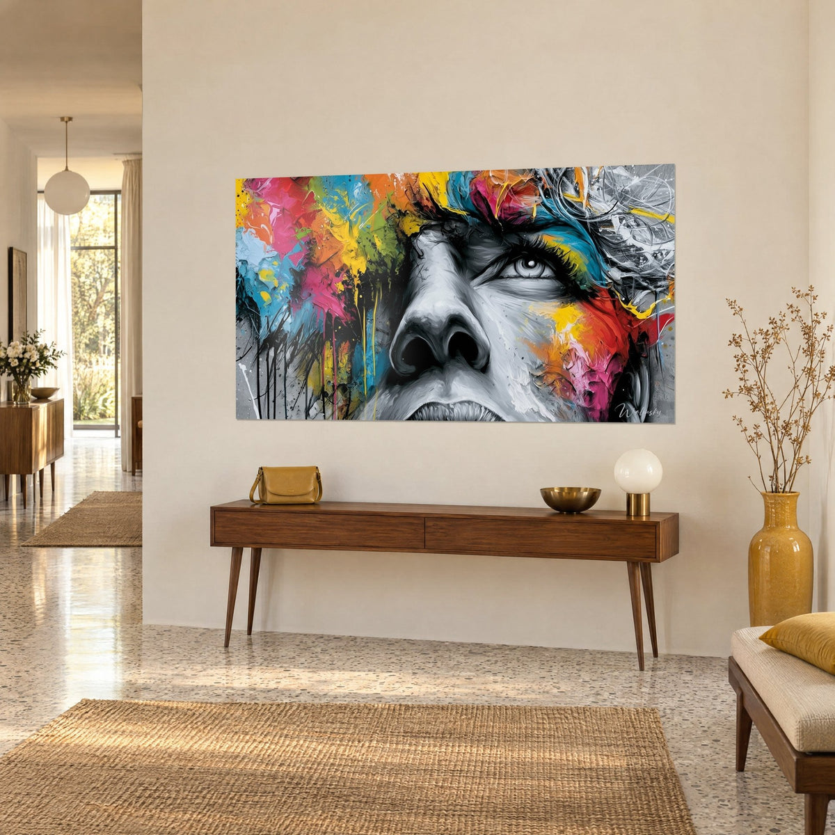 Tableau visage levé au regard ouvert, pommettes grises striées de rouge et d'orange, sur un mur beige près d'une console en bois