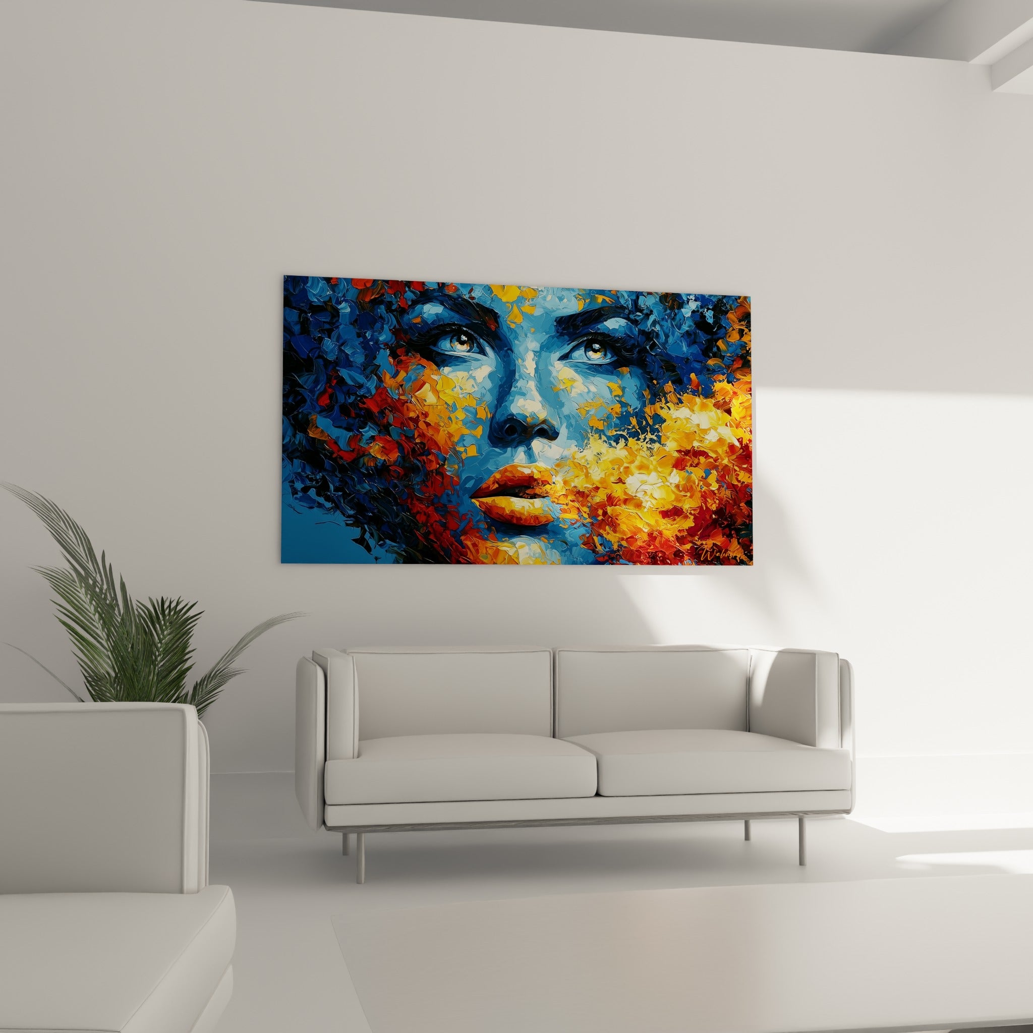 Visage bleu profond bordé de touches orange vif, suspendu au-dessus d'un canapé dans un salon lumineux