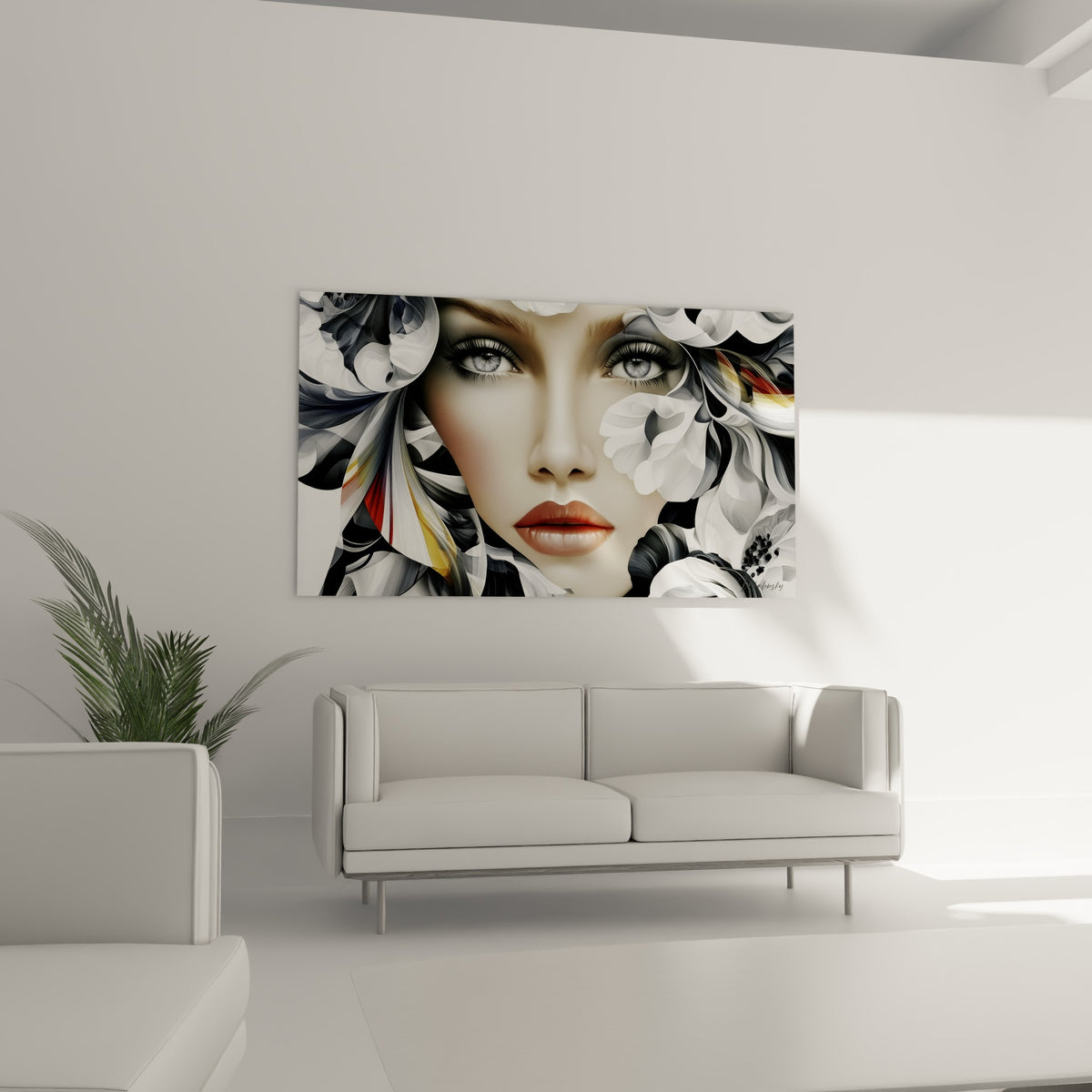 Pétales anthracite et dorés encadrant ce Visage abstrait féminin, au-dessus d'un canapé dans un salon lumineux