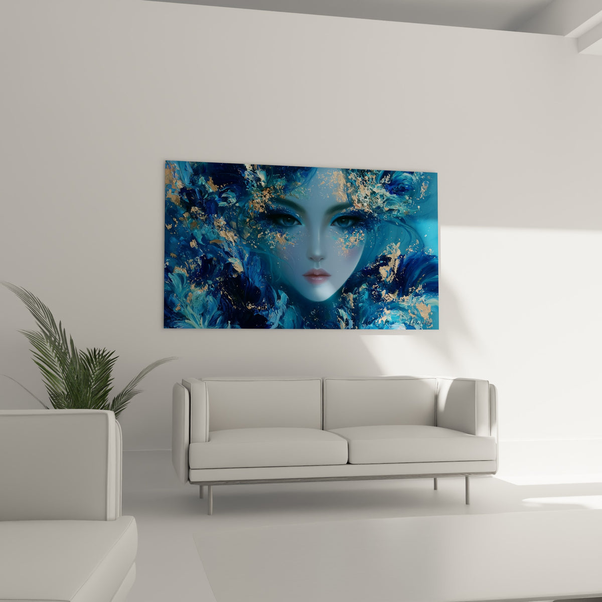 Regard perçant du Visage abstrait entouré de pétales bleu turquoise et dorés, au-dessus d'un canapé dans un salon lumineux