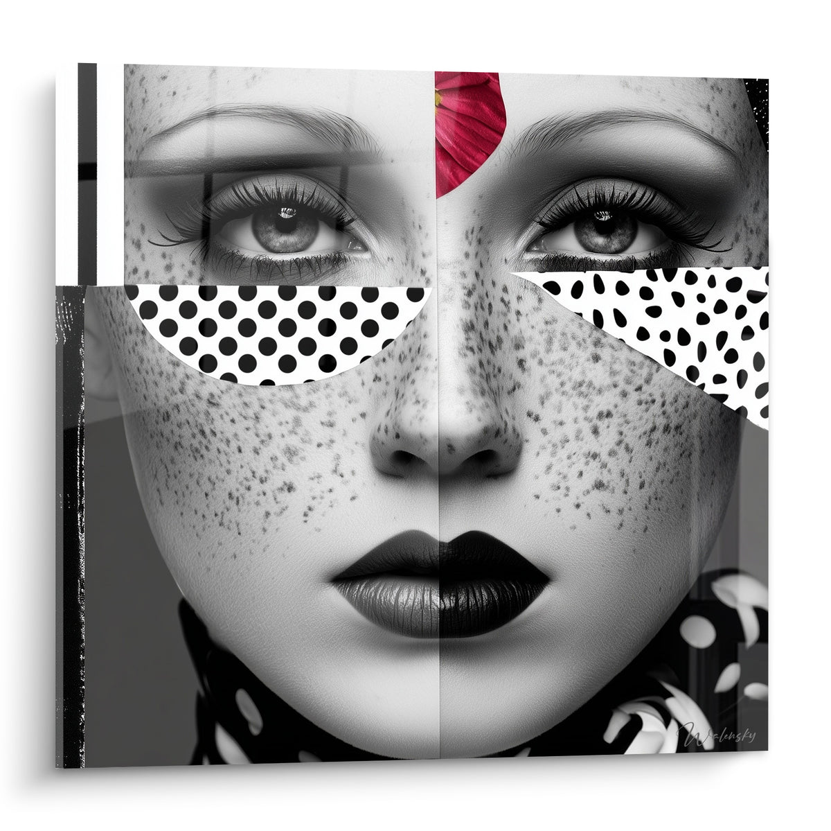 Visage abstrait noir et blanc fragmenté en pois, pétale rouge fauve entre les yeux