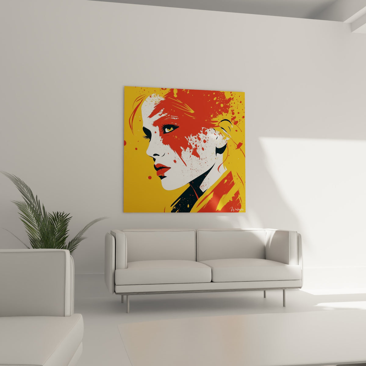 Silhouette au regard doré, visage abstrait rouge et jaune, au-dessus d'un canapé dans un salon lumineux