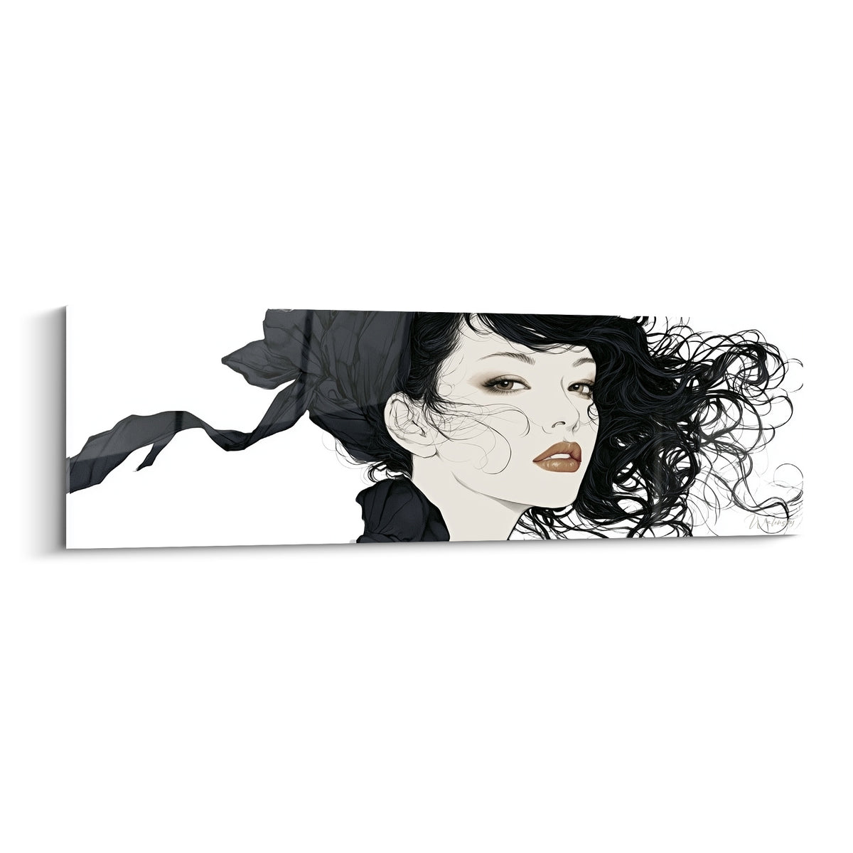 Visage abstrait féminin ivoire aux mèches noires soufflées, foulard sombre, lèvres terracotta, fond blanc