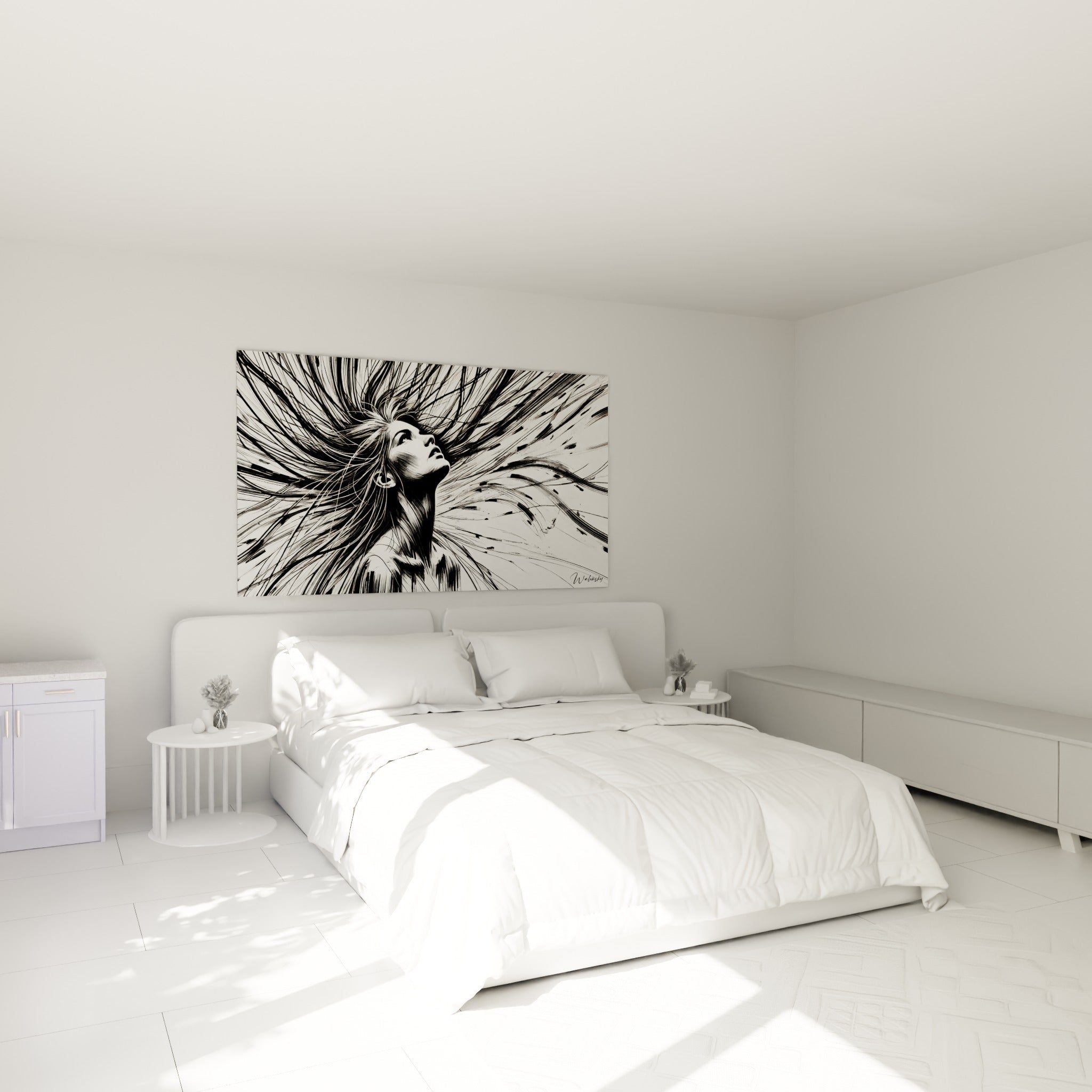 Portrait aux mèches noires envolées, visage abstrait accroché au-dessus d'un lit dans une chambre claire
