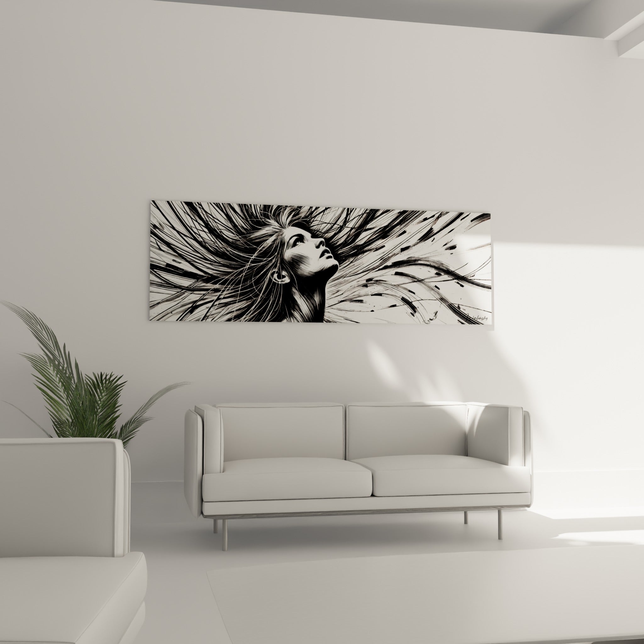 Portrait au visage levé, encre noire et blanche en mouvement, au-dessus d'un canapé dans un salon lumineux