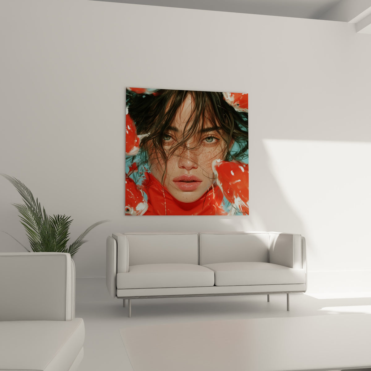 Portrait féminin du Visage abstrait aux mèches brunes et carpes rouges au-dessus d'un canapé dans un salon lumineux