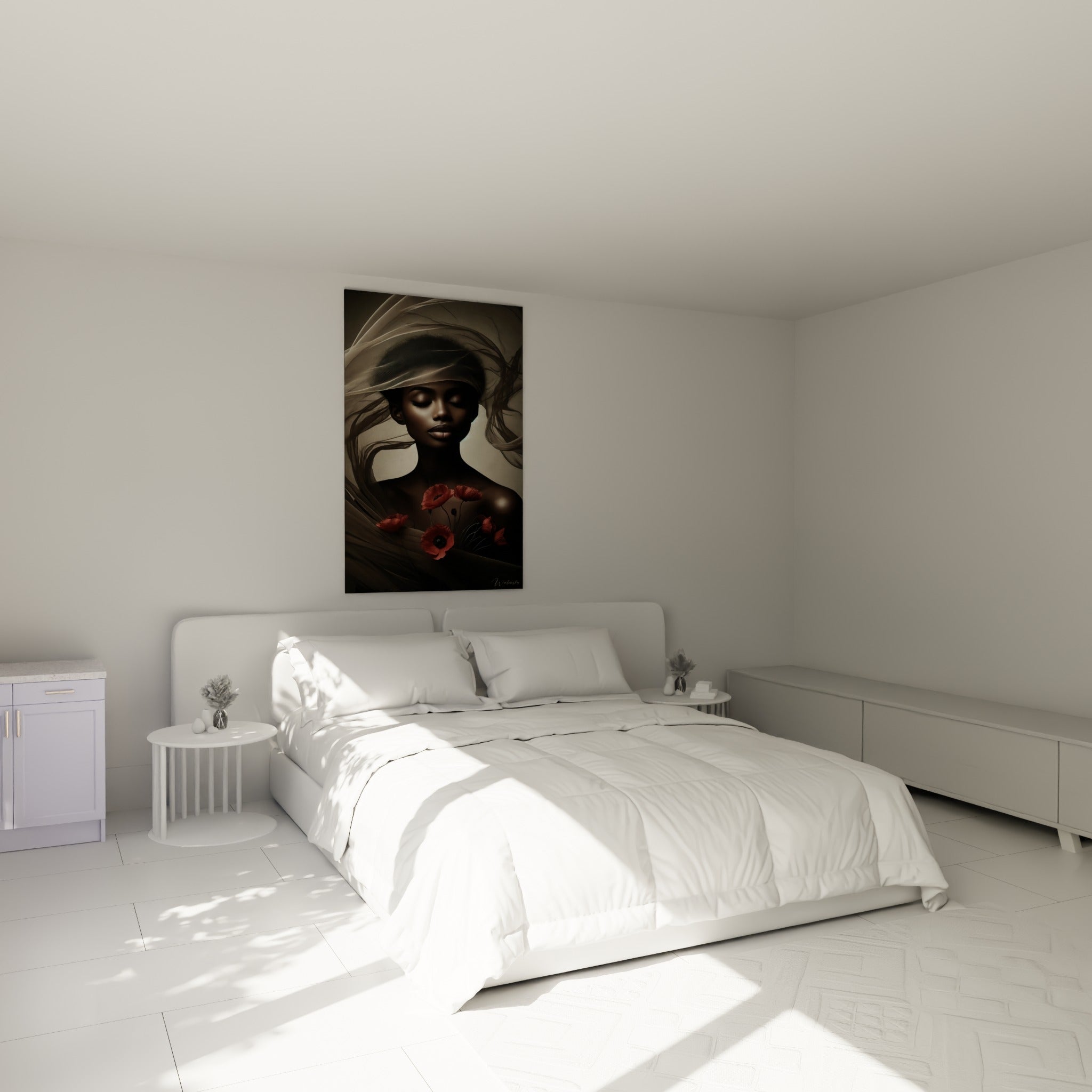 Figure paisible drapée d'un voile brun translucide et coquelicots rouges, au-dessus d'un lit dans une chambre claire