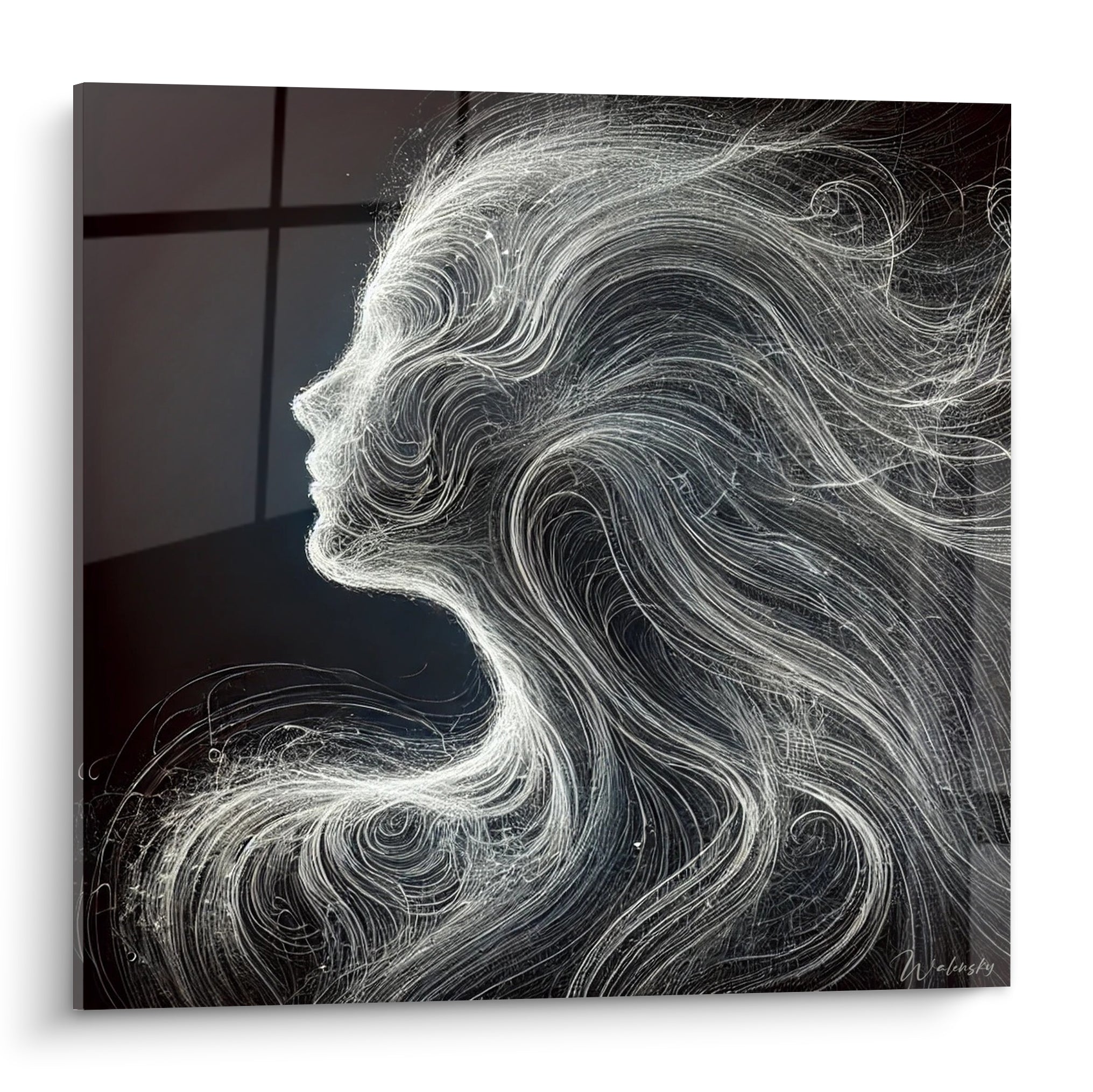 Visage abstrait blanc et anthracite au profil tissé de mèches ondulantes sur fond sombre
