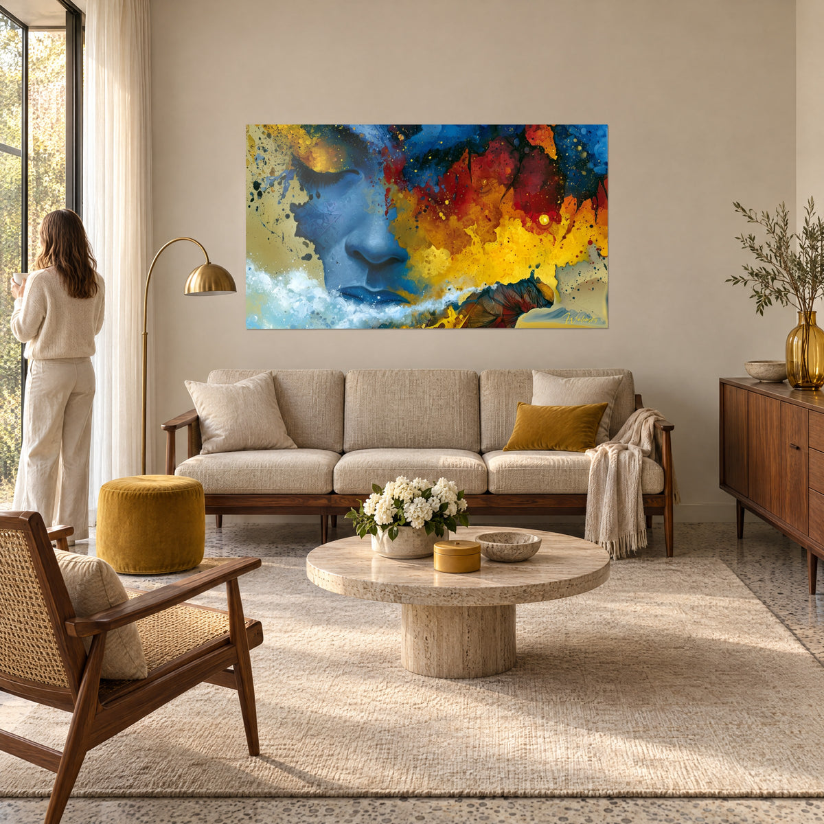 Wall art of a sleeping face in cobalt blue under a cloud of yellow and red flames, seen from behind by a woman above a sofa in a bright living room