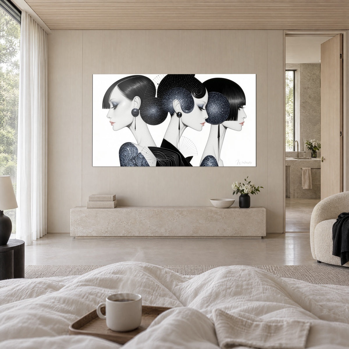 Schilderij elegante silhouetten met geometrische knotten, diep zwart en leiblauw, boven een bed in een lichte slaapkamer