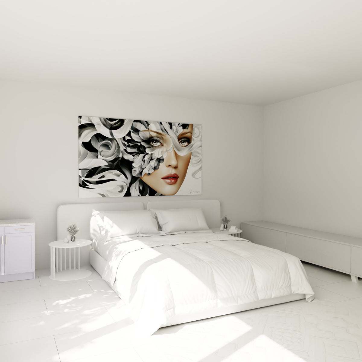 Portrait aux mèches blanches et pétales noirs, visage abstrait accroché au-dessus d'un lit dans une chambre claire