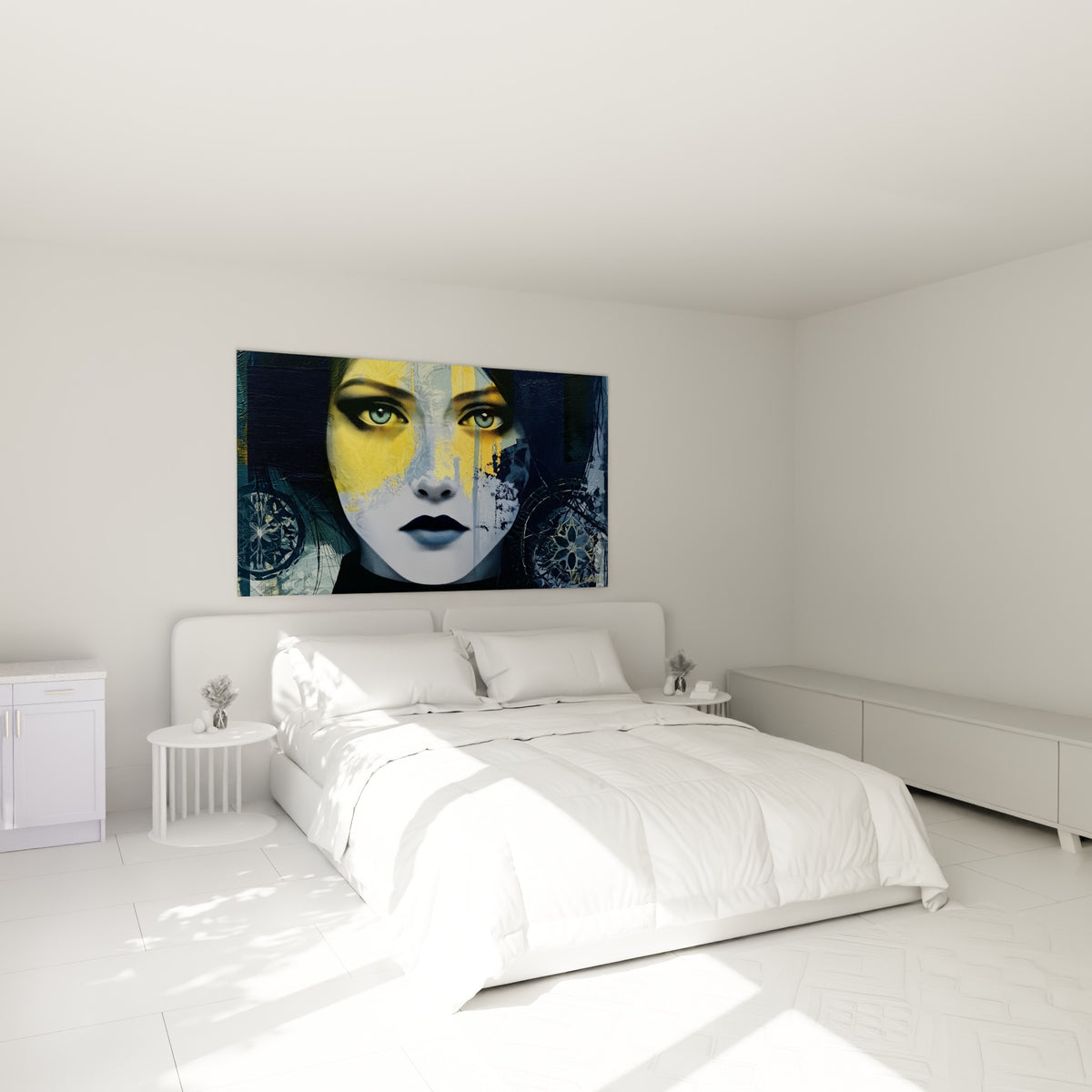 Portrait bicolore jaune ocre et anthracite du Visage abstrait, accroché au-dessus d'un lit dans une chambre claire