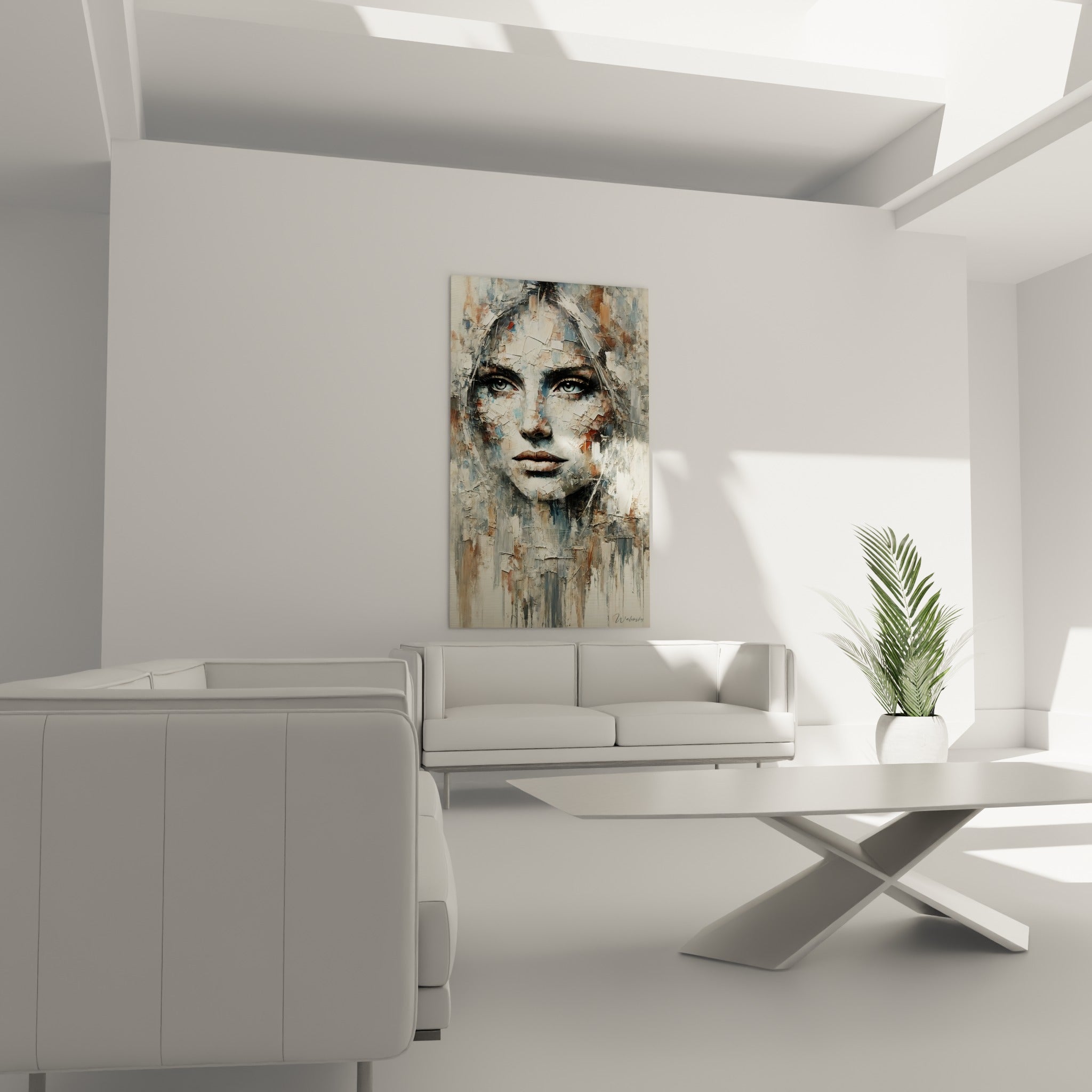 Regard perçant bleu clair sur fond ocre et gris accroché au-dessus d'un canapé dans un salon lumineux