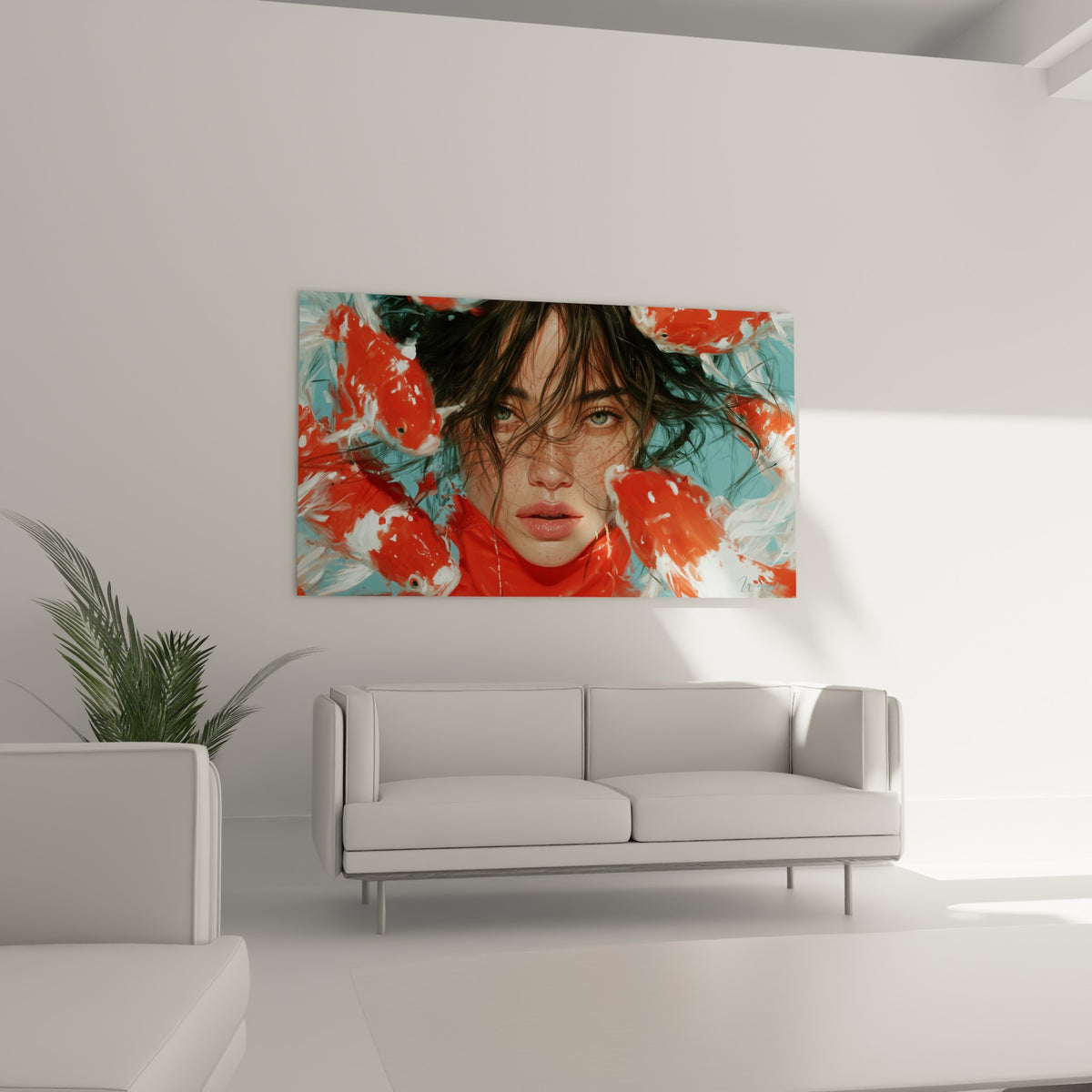 Portrait immergé aux carpes koï écarlates, tableau visage abstrait au-dessus d'un canapé dans un salon lumineux