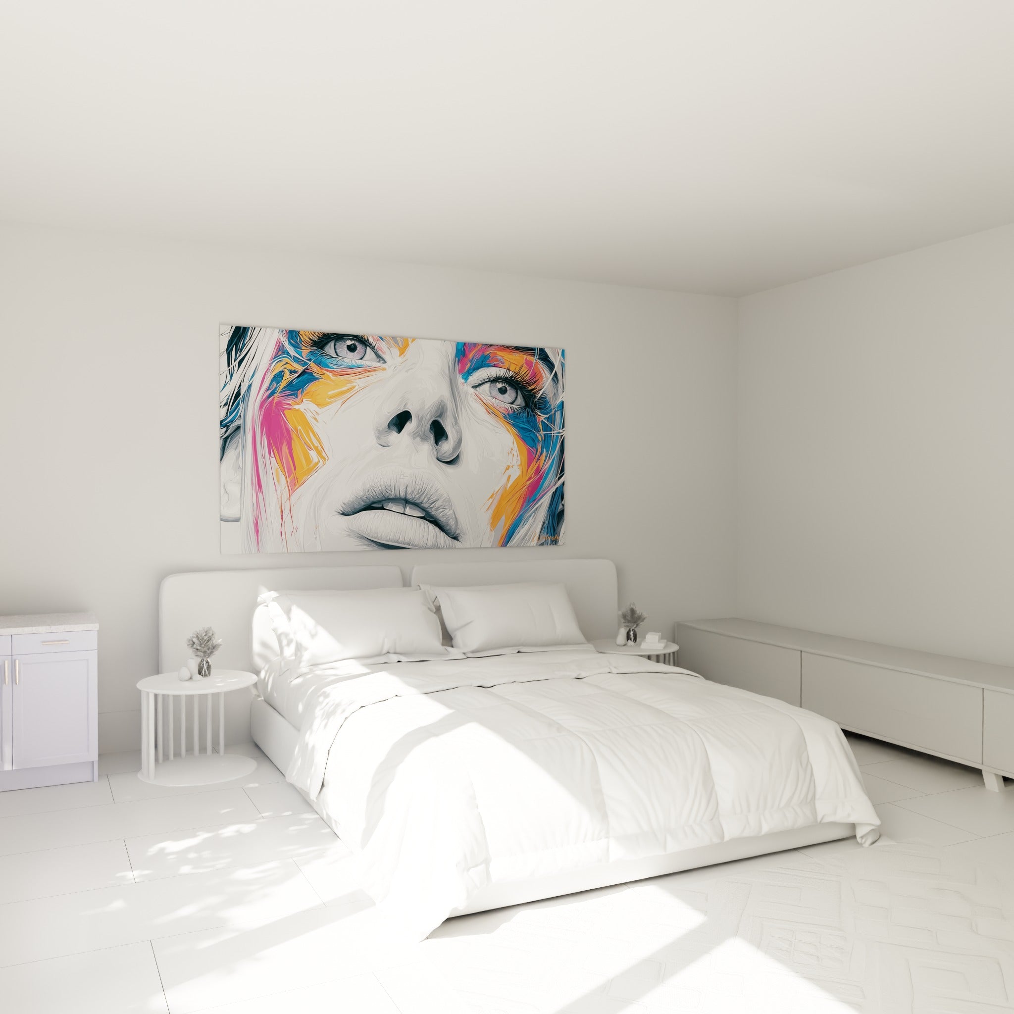 Regard intense d'un visage gris orné de touches orange et roses, accroché au-dessus d'un lit dans une chambre claire.
