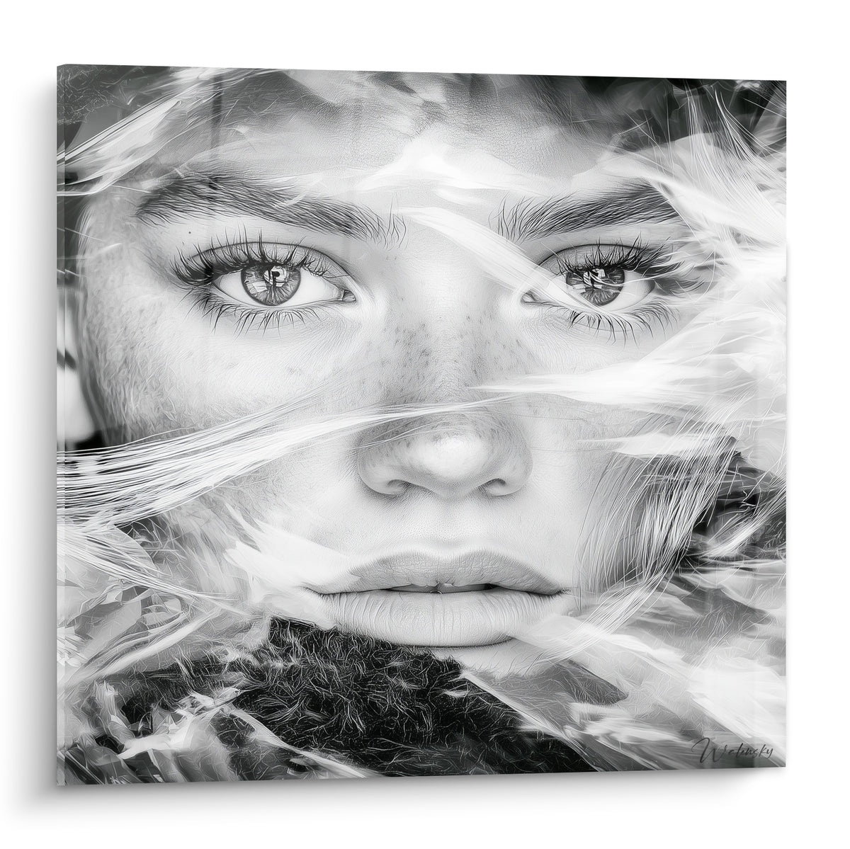 Visage abstrait noir et blanc au regard intense, mèches blanches givrées traversant les yeux clairs