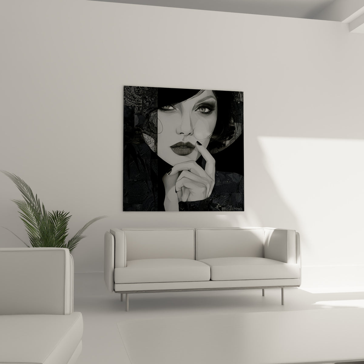 Visage abstrait en noir profond et blanc lumineux, regard intense sous un chapeau, au-dessus d'un canapé dans un salon lumineux