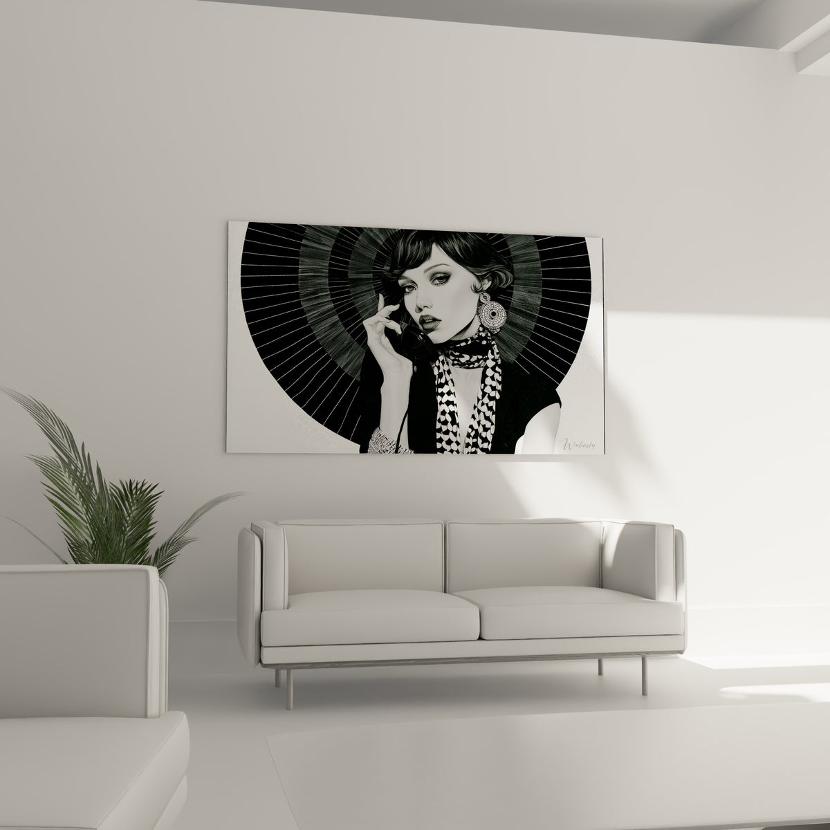 Regard captivant en noir et blanc, visage abstrait au-dessus d'un canapé dans un salon lumineux