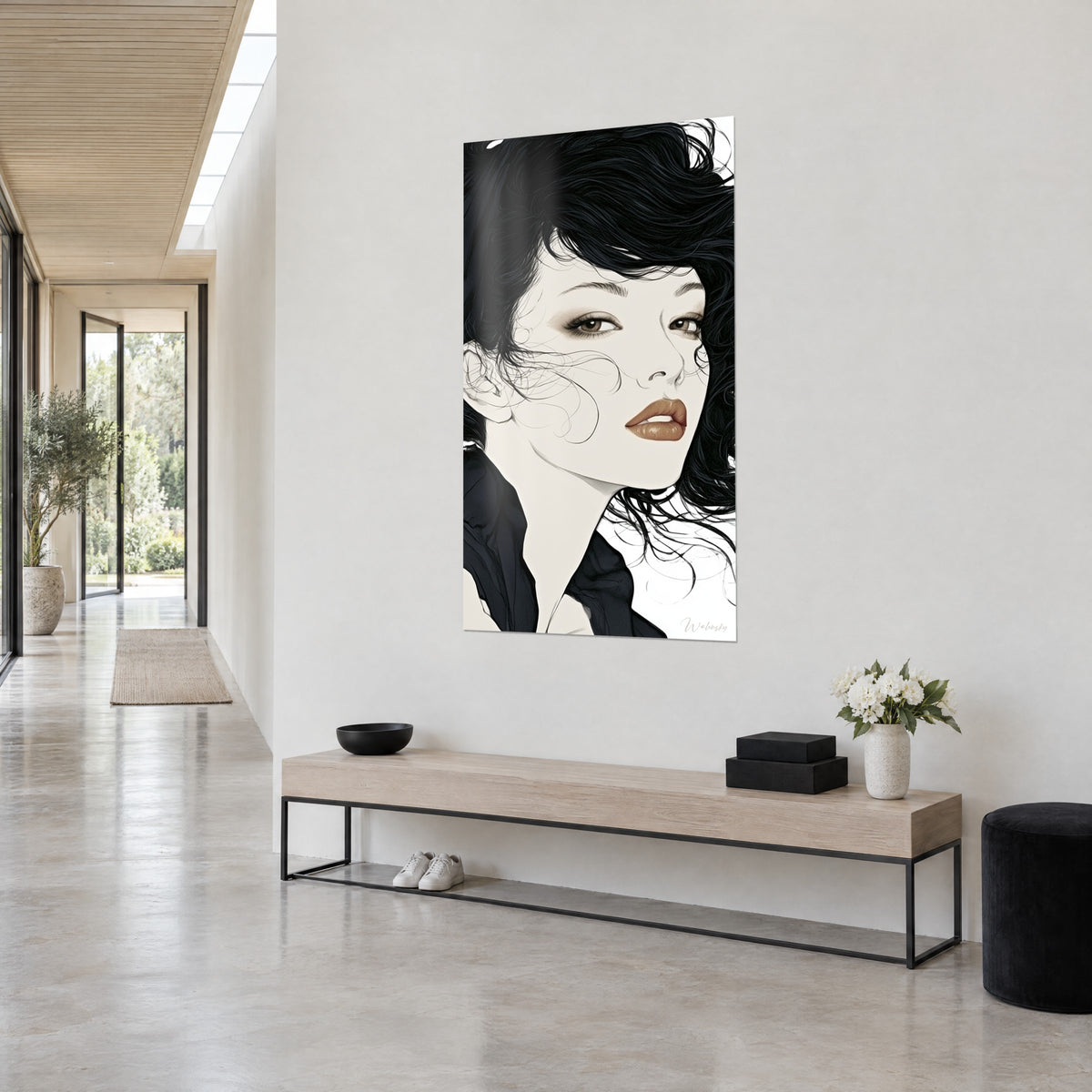 Wall art muse with smoky eyes and ink-black strands on a white background, three-quarter view in a light stone hallway