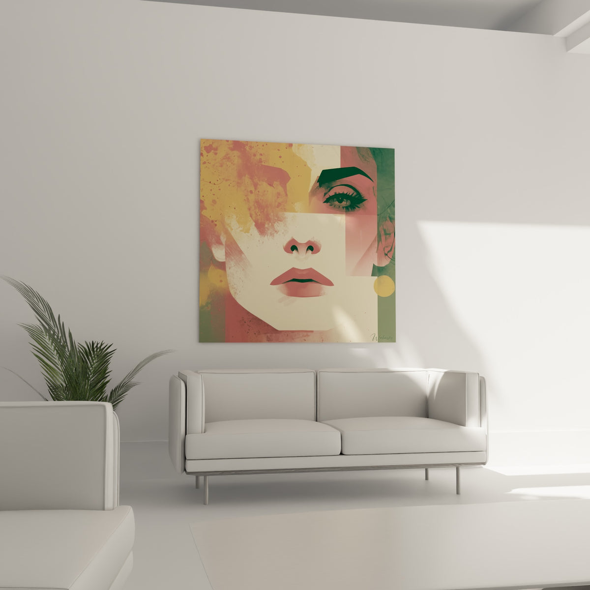 Regard vert profond sur fond rose poudré, tableau visage abstrait au-dessus d'un canapé dans un salon lumineux