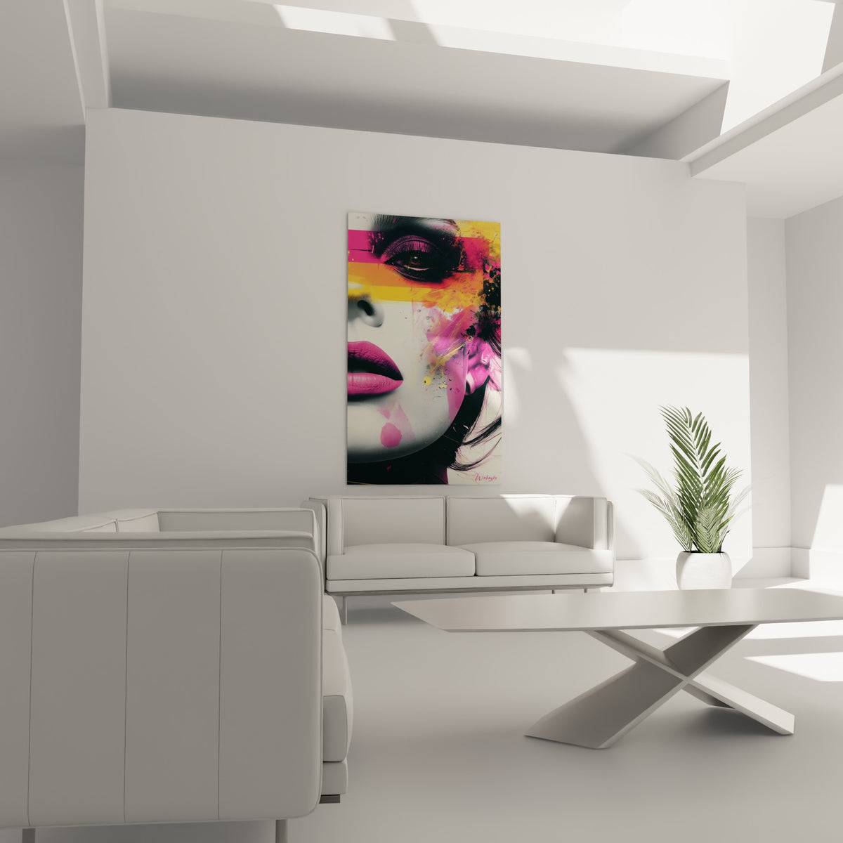 Regard voilé de jaune safran et lèvres rose vif, au-dessus d'un canapé dans un salon lumineux